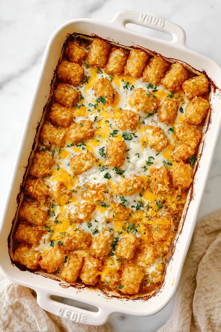 A rectangular white ceramic baking dish filled with a layered casserole, where the top layer is covered with golden-brown tater tots scattered evenly across the surface. Beneath the tots, melted white and orange cheese blend together, creating a creamy and slightly bubbly texture. Small bits of dark green herbs are sprinkled on top, adding a fresh contrast. The edges of the dish show slight browning from baking, and the dish rests on a white marbled surface with a beige cloth partially visible nearby. photo taken with an iphone --ar 2:3 --v 7