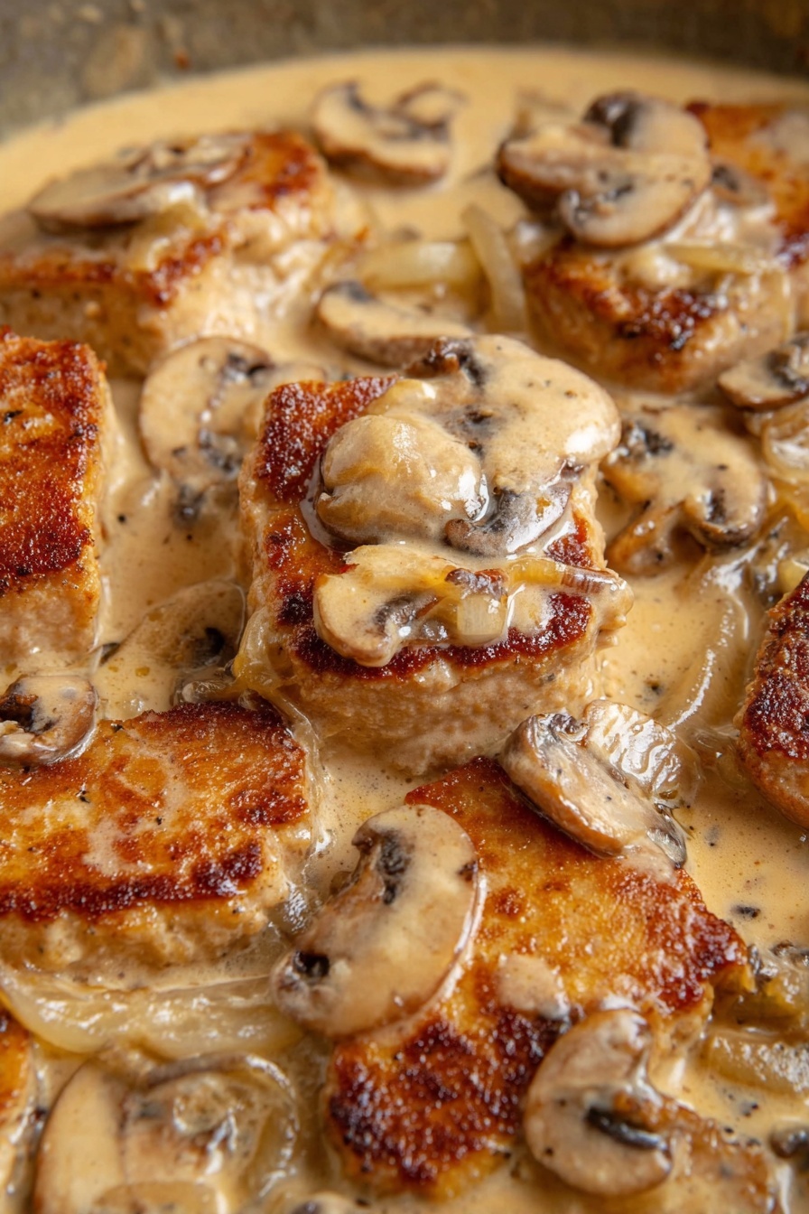 Creamy Sherry Tofu - The image shows several browned pieces of cooked meat layered with light brown and white sliced mushrooms and bits of cooked onion. These layers sit in a creamy beige sauce that fills the spaces between and around the meat. The texture of the sauce looks smooth and slightly thick, covering the meat and vegetables. The meat pieces have a crispy-looking outer edge and a golden-brown color. Photo taken with an iphone --ar 2:3 --v 7