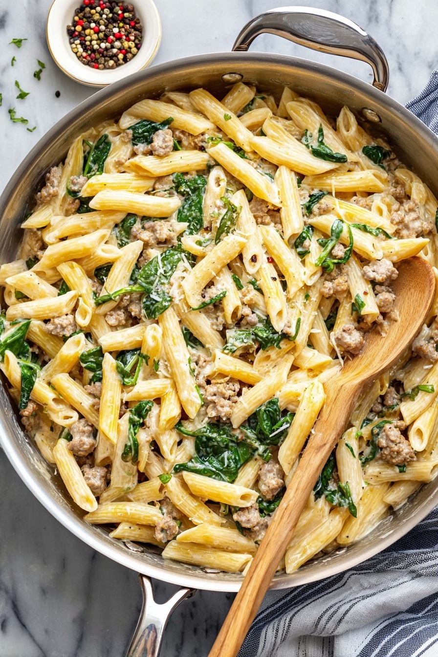 creamy sausage pasta - A large silver pan filled with creamy pasta made of light yellow penne noodles mixed evenly with small pieces of cooked ground meat and green spinach leaves, all coated in a smooth cream sauce. The dish is sprinkled with small green herb bits and cracks of black pepper. A wooden spoon rests on the pasta, and the pan sits on a white marbled surface next to a striped cloth and a small white bowl with colored peppercorns. Photo taken with an iphone --ar 2:3 --v 7