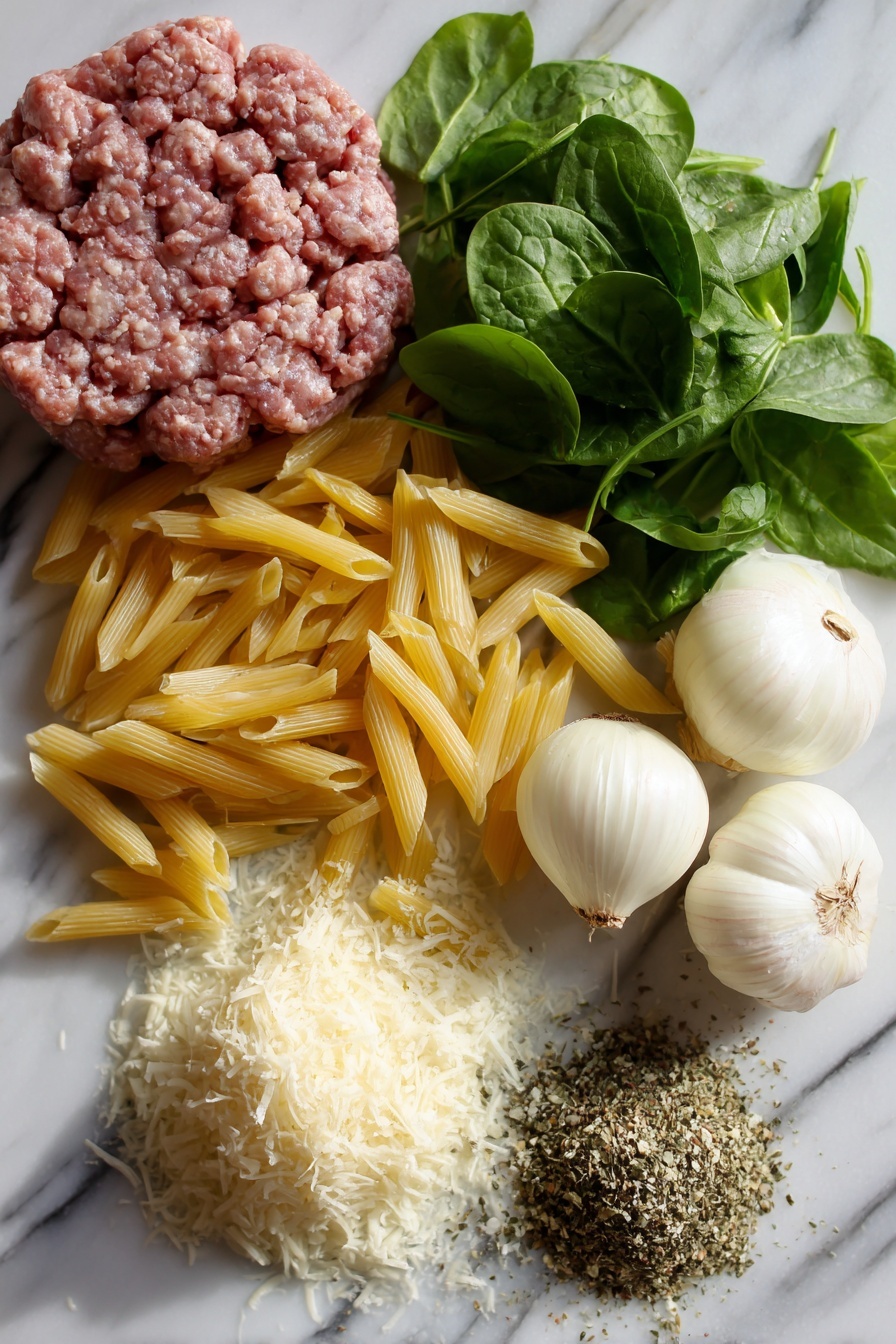 creamy sausage pasta - Flat lay of fresh Italian ground sausage with a rich marbled texture, uncooked penne pasta in a pale golden hue, a small mound of bright green baby spinach leaves with delicate veins, a bunch of plump garlic cloves with papery white skins, half a yellow onion finely minced showing its pale yellow layers, a generous pile of grated Parmesan cheese in fine snowy white flakes, and a small heap of dried Italian seasoning herbs in mixed green and brown tones, all carefully spread out and naturally overlapping, placed on white marbled surface, photo taken with an iphone --ar 2:3 --v 7