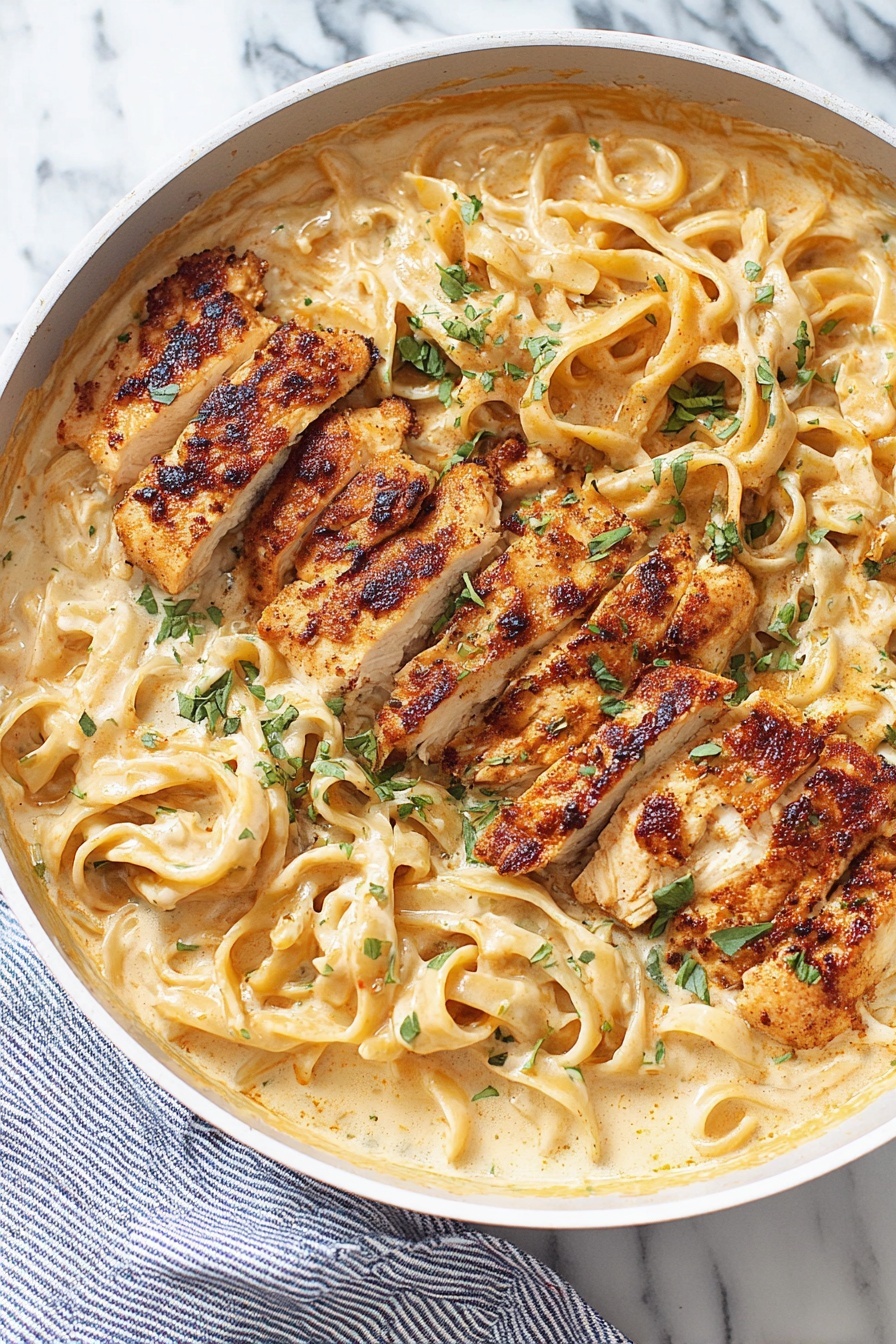 Cajun Chicken Pasta - The image shows a close-up of three slices of cooked chicken placed on top of a bed of spaghetti noodles. The chicken slices are golden brown with a slightly crispy texture and some black pepper seasoning visible on the surface. The spaghetti noodles underneath are light brown, coated in sauce, and mixed with small green herb leaves scattered throughout. The scene is set against a white marbled texture background. Photo taken with an iphone --ar 2:3 --v 7