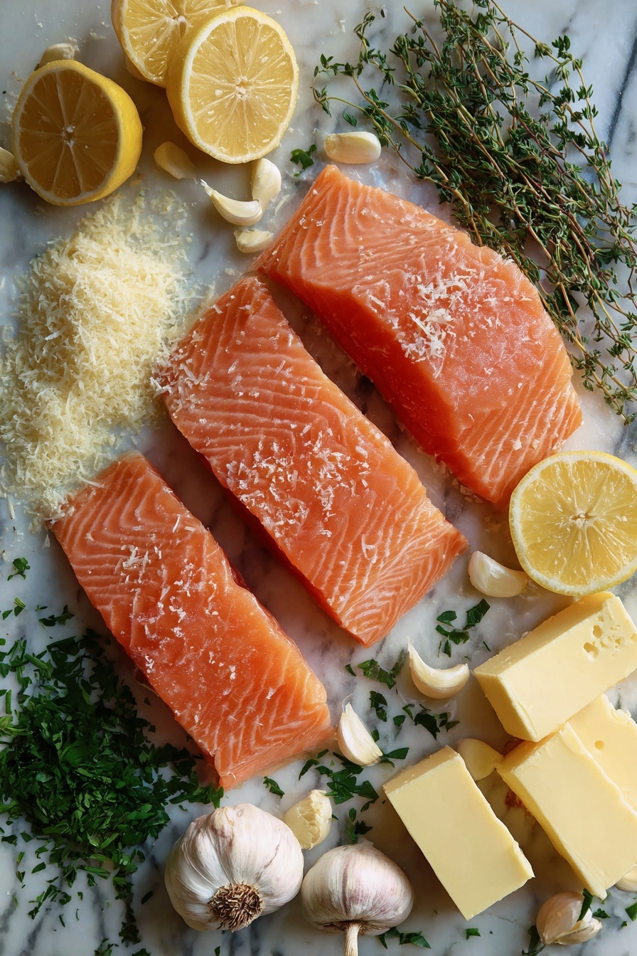 Garlic Butter Salmon - Flat lay of fresh pink salmon fillets with their smooth, slightly shiny surface, scattered bright green chopped parsley leaves, whole garlic cloves with their papery white skins and creamy texture, rich golden butter blocks melting slightly at the edges, wedges of lemon with juicy yellow pulp and shiny rinds, a small pile of grated Parmesan cheese with its fine, crumbly texture, and a few sprigs of fresh thyme with tiny green leaves, all beautifully arranged with natural spacing and gentle overlapping, placed on white marbled surface, photo taken with an iphone --ar 2:3 --v 7