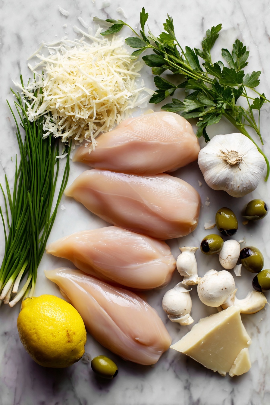 chicken with mushroom sauce - Flat lay of four plump, raw boneless skinless chicken breasts with a pale pink hue next to a cluster of fresh white button mushrooms with smooth caps, bright green sprigs of parsley and slender chives adding vibrant contrast, three garlic cloves with papery white skins slightly cracked open, a small pile of finely grated Parmesan cheese showing soft, pale yellow shreds, a wedge of lemon with bright yellow rind and juicy interior, and a few glossy green olive oil olives scattered gently, all arranged naturally with soft shadows and textures visible, placed on white marbled surface, photo taken with an iphone --ar 2:3 --v 7