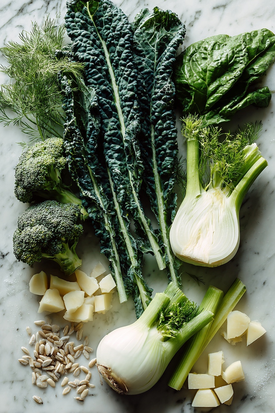 Green Goddess Soup - Flat lay of a fresh green bunch of kale leaves with rich dark green hues and curly texture, vibrant baby spinach leaves layered beneath, bright broccoli florets with deep green buds and thick stalks, crisp celery stalks in pale green with leafy tops, a whole fennel bulb showing its white layered layers and feathery green fronds, a diced white onion with translucent layers and purple-tinged skin edges, several peeled potato cubes in creamy off-white, and a small pile of pale beige sunflower seeds with a smooth matte finish, all neatly arranged with varied textures and colors harmonizing beautifully, placed on white marbled surface, photo taken with an iphone --ar 2:3 --v 7
