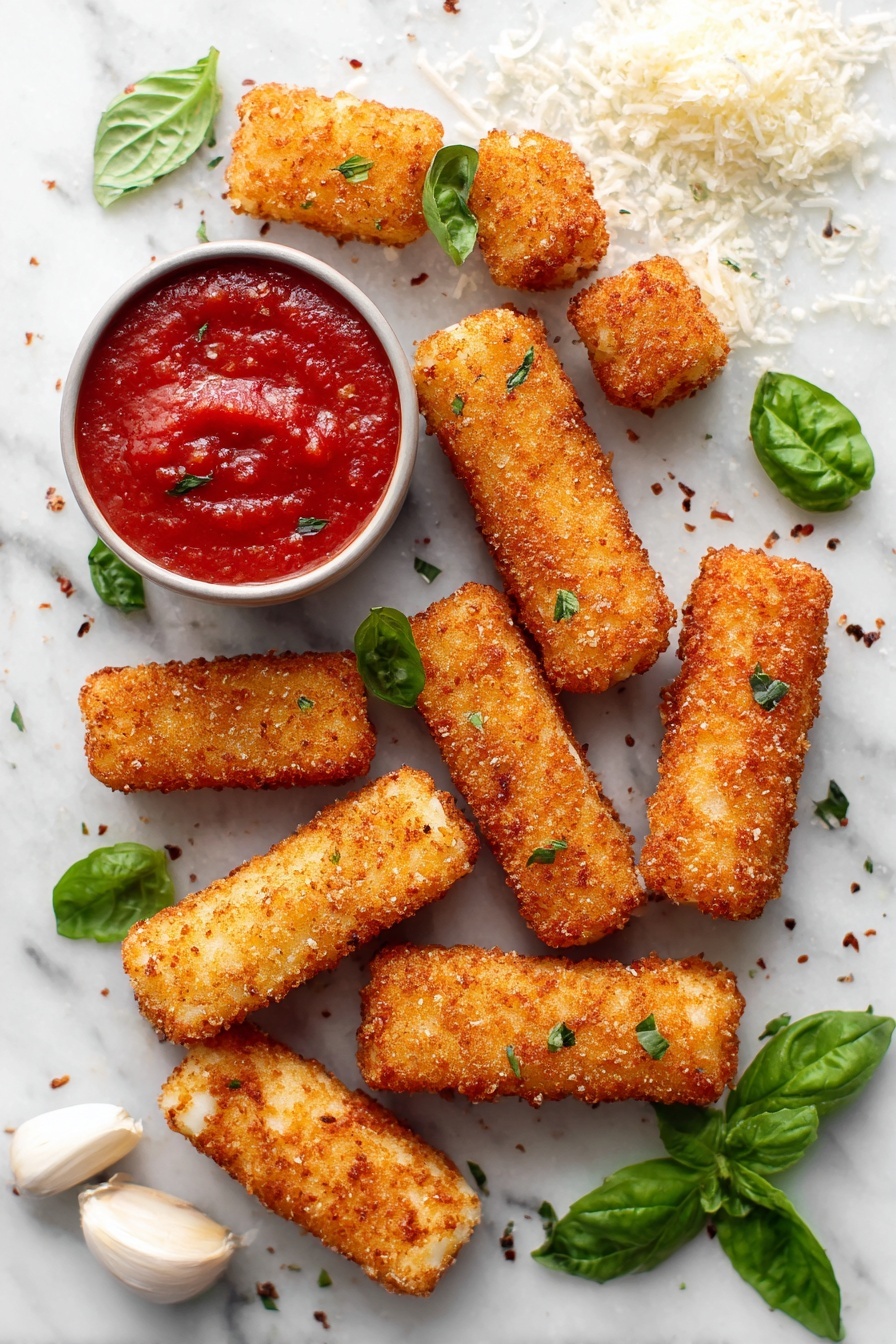 Flat lay of golden crispy frozen mozzarella sticks arranged neatly alongside a small bowl of bright red marinara sauce, fresh sprigs of green basil, scattered whole garlic cloves, and a sprinkle of grated Parmesan cheese, all placed on a white marble surface, photo taken with an iphone --ar 2:3 --v 7