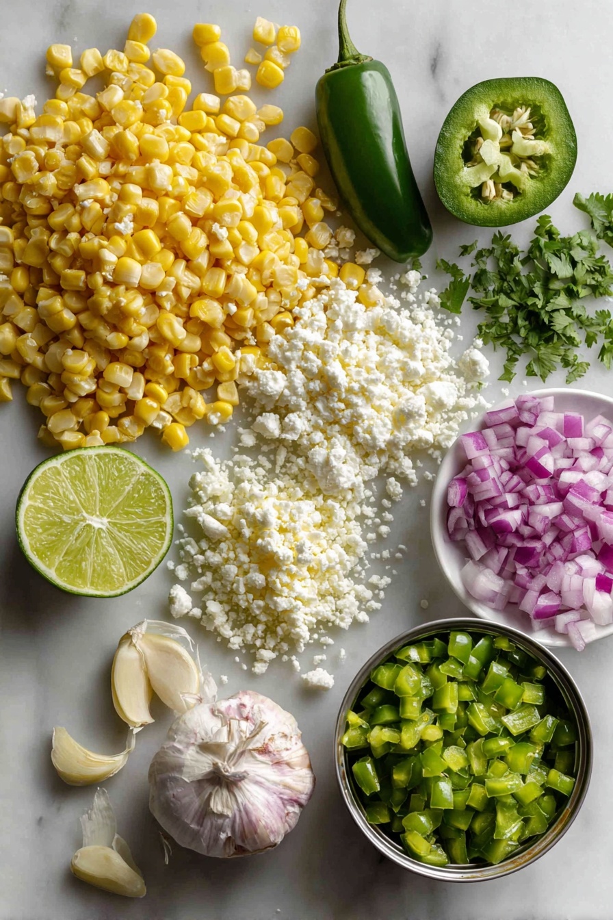 Flat lay of fresh golden corn kernels, bright green chopped cilantro, small piles of crumbled white cotija cheese, finely diced red onion, a split green jalapeno pepper with seeds removed, a halved lime showing its juicy interior, a small clove of garlic, and a can of diced green chilies arranged in neat clusters, placed on a white marble surface, photo taken with an iphone --ar 2:3 --v 7