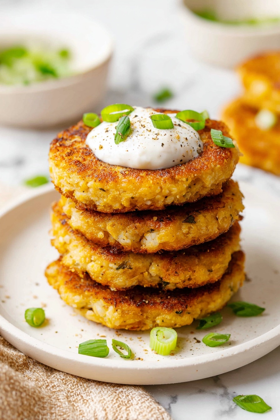 The image shows a stack of five golden-brown patties on a white round plate placed on a white marbled surface. Each patty has a slightly crispy texture with visible small bits making the surface uneven. On top of the stack, there is a dollop of white creamy sauce with a few green onion slices sprinkled on it and a dash of black pepper. Around the plate, there are scattered green onion pieces adding a fresh green contrast to the warm tones of the patties. In the blurred background, there are two white bowls with some green garnish seen in one. A beige textured cloth is placed near the plate. photo taken with an iphone --ar 2:3 --v 7
