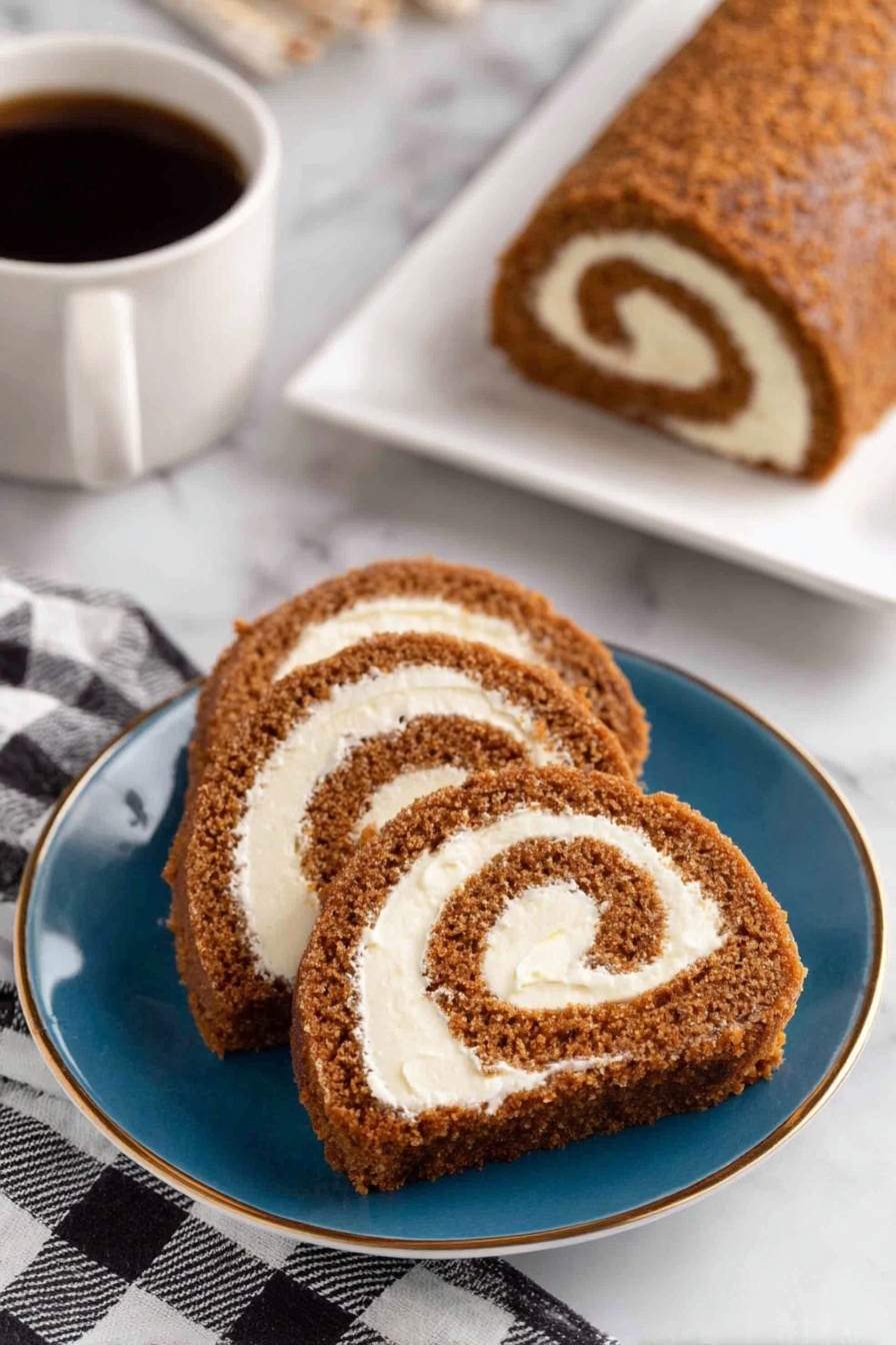 Three slices of a rolled cake sit on a blue plate with a thin gold rim, each slice showing two main layers: a brown cake layer spiraled with a thick, creamy white filling in the center. The cake looks moist and soft with a slightly rough texture, while the filling is smooth and dense. Behind the plate, the rest of the roll cake rests on a white rectangular plate, showing the same brown cake and white filling pattern. To the left, a white cup filled with dark coffee adds contrast to the scene. The setting includes a white marbled surface with a black and white checkered cloth partially visible in the lower left corner. photo taken with an iphone --ar 2:3 --v 7
