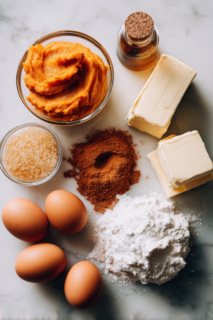 Flat lay of vibrant orange pumpkin puree in a small glass bowl, a heap of golden granulated sugar crystals, smooth blocks of cream cheese and salted butter side by side, a cluster of warm brown pumpkin pie spice powder, a scattering of white powdered sugar dusted gently around, fresh large brown eggs with smooth shells, and a small bottle of clear vanilla extract with a wooden cork, all beautifully arranged with soft natural light and subtle shadows placed on a white marble surface, photo taken with an iphone --ar 2:3 --v 7