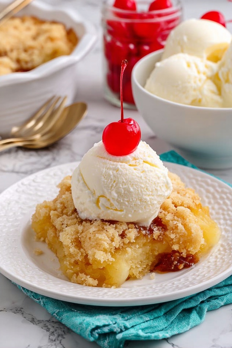 A white textured plate holds a golden brown crisp dessert layer that looks crumbly with small chunks and a slightly rough texture around the edges. On top of this is a creamy white scoop of ice cream, smooth and rounded. A bright red cherry sits at the peak of the ice cream, adding a pop of color. In the background, there is a white bowl filled with more white creamy ice cream scoops and a small clear glass jar with bright red cherries. The surface is a white marbled texture, and a folded teal cloth lies next to the plate. Photo taken with an iphone --ar 2:3 --v 7