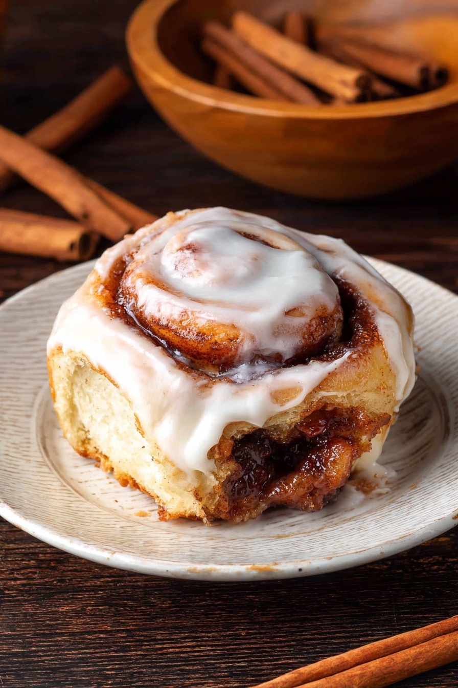 A single cinnamon roll is placed in the center of a white plate with a subtle embossed pattern. The cinnamon roll has three visible layers: the outer layer is golden brown with a soft, slightly crumbly texture; the middle layer is filled with dark cinnamon and sugar, showing a sticky, rich, caramel-like filling; the top layer is thick, creamy white icing spread unevenly, dripping slightly down the sides. The plate sits on a dark wooden table. In the background, there is a shallow wooden bowl filled with whole cinnamon sticks and two cinnamon sticks laying parallel on the table in the lower left corner. photo taken with an iphone --ar 2:3 --v 7