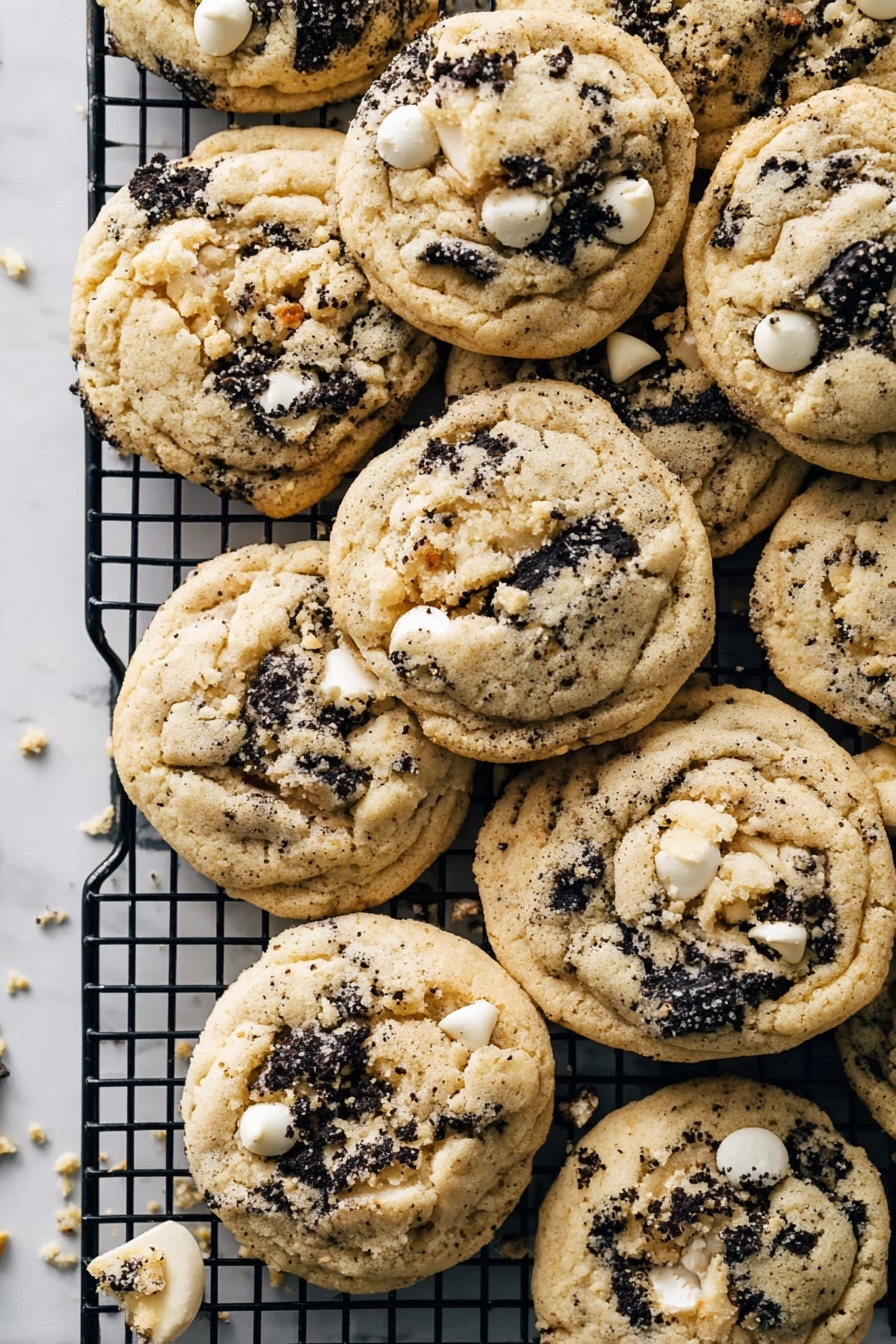 A batch of soft cookies with a light beige base full of dark cookie crumbs and white chocolate chips spread all over. The cookies are gathered closely on a black wire cooling rack, showing varied round shapes with slightly bumpy tops. The dark cookie crumbs give a textured look blending into the creamy beige dough, while the white chocolate chips stand out with their smooth, thick shapes. There are small cookie crumb pieces scattered around the rack on a white marbled surface. The photo taken with an iphone --ar 2:3 --v 7