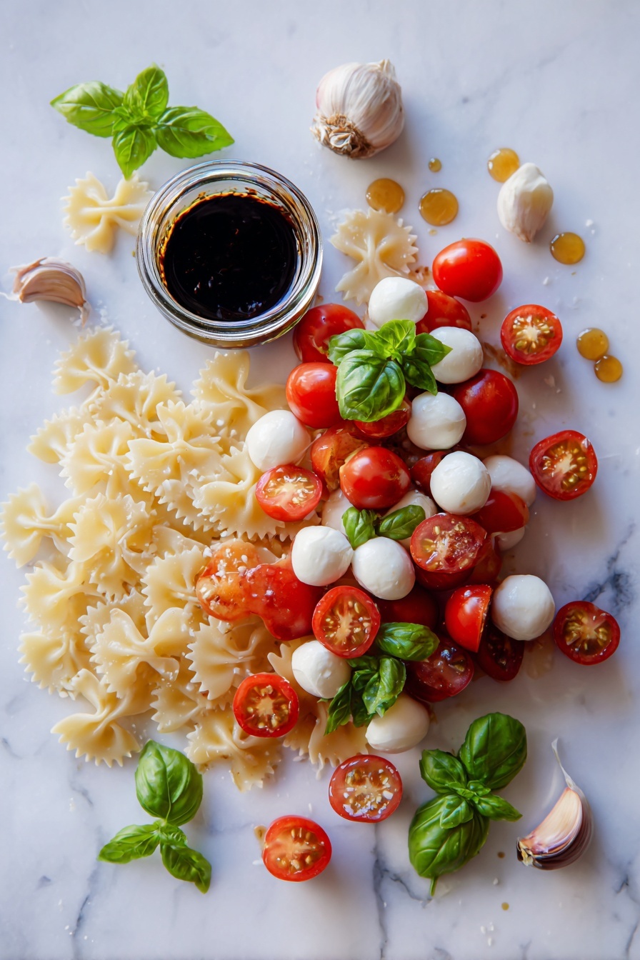 Flat lay of colorful grape tomatoes halved to show their juicy interiors, glossy fresh mozzarella pearls scattered gently, bright green fresh basil leaves and sprigs, perfectly cooked bow-tie pasta with a subtle sheen, a small glass jar of dark balsamic glaze with honey shimmering inside, golden honey droplets glistening nearby, and a few garlic cloves, all beautifully arranged with natural light highlighting their fresh textures, placed on a white marble surface, photo taken with an iphone --ar 2:3 --v 7