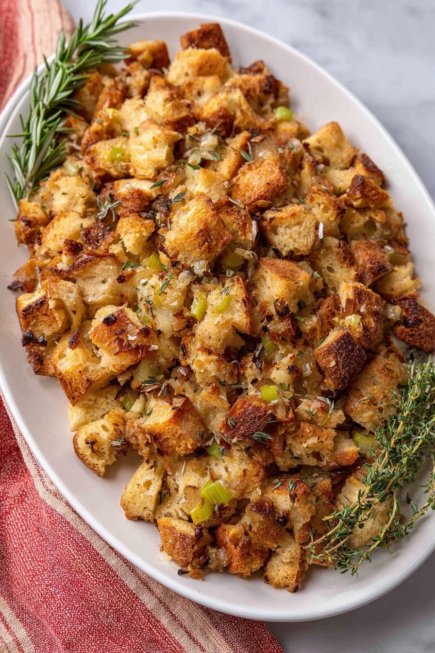 The image shows a white oval plate filled with golden brown bread stuffing. The stuffing is made of many irregular chunks of bread with crispy browned edges and softer inside parts mixed with small bits of green celery. On top and to one side of the plate, two sprigs of fresh green herbs, rosemary and thyme, rest as decoration. The plate sits on a white marbled surface with a red and white striped cloth partially under it. The textures of the stuffing look crunchy and soft in different places, with a warm, toasted color palette. Photo taken with an iphone --ar 2:3 --v 7
