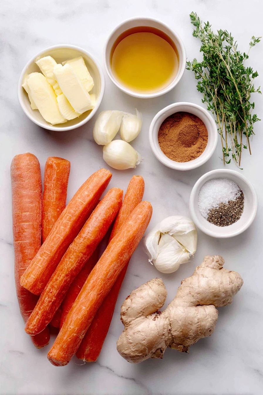 Flat lay of peeled whole carrots with a few cut on a diagonal, three whole uncracked garlic cloves, a small white ceramic bowl of golden honey, a small white ceramic bowl of melted butter, a small white ceramic bowl of olive oil, a small white ceramic bowl of ground cinnamon, a small white ceramic bowl of ground ginger, a small white ceramic bowl of salt, a small white ceramic bowl of black pepper, and a few sprigs of fresh parsley and thyme, all perfectly arranged with balanced proportions and symmetry, placed on a clean white marble surface, soft natural light, photo taken with an iPhone, professional food photography style, fresh ingredients, white ceramic bowls, no bottles, no duplicates, no utensils, no packaging --ar 2:3 --v 7 --p awthu7i m7354615311229779997
