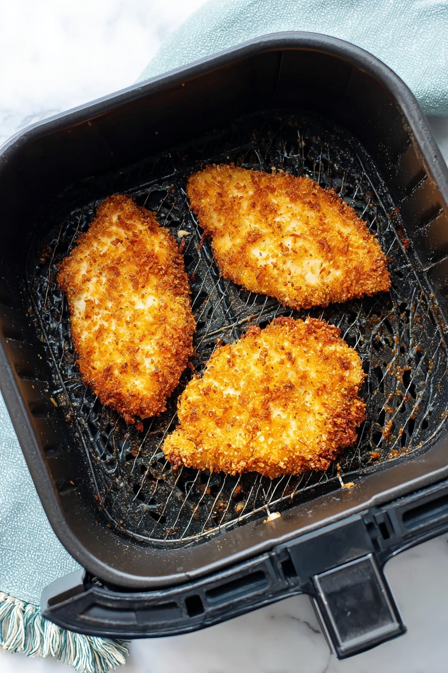 Three pieces of golden brown breaded chicken sit inside a black air fryer basket with a grid-like pattern. The chicken pieces have a crispy texture with small, light and dark brown crumbs visible all over the surface. The air fryer basket edges are slightly raised and vented, and it is placed on a white marbled surface with a light blue cloth with fringe detail nearby. Photo taken with an iphone --ar 2:3 --v 7