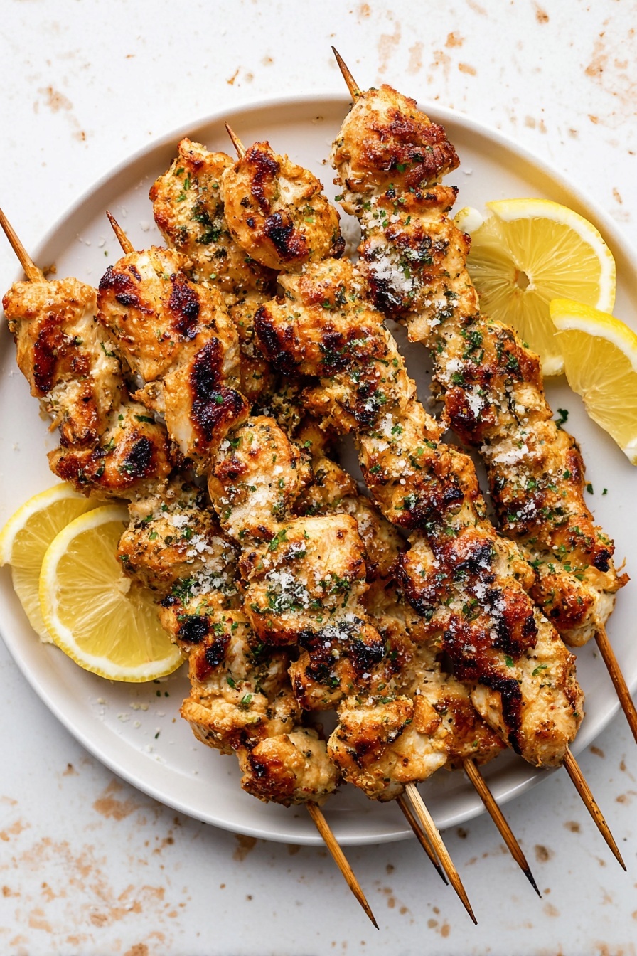 There is a white plate with eight grilled chicken skewers placed close together. Each skewer has many pieces of cooked chicken that look golden brown with charred edges, showing a crispy texture. The chicken pieces have small green herb bits sprinkled all over them, and some white grated cheese or seasoning is also visible on top. Two lemon wedges with bright yellow skin and juicy interior are placed on the side of the skewers on the plate. The plate sits on a white marbled surface with light brown and tan specks. Photo taken with an iphone --ar 2:3 --v 7