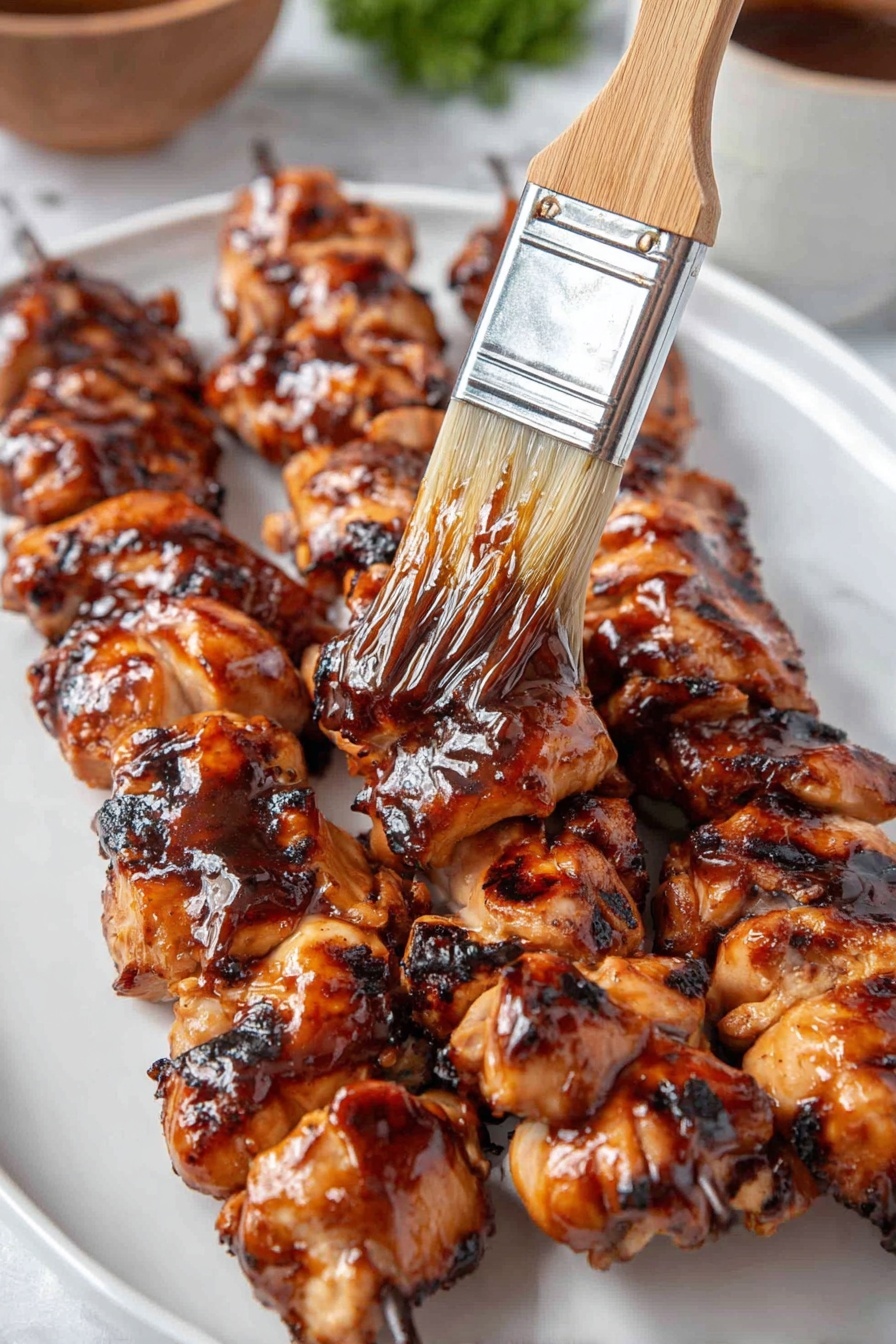 There are five skewers of grilled chicken pieces placed in a row on a white plate, each skewer holding about seven to eight pieces of chicken. The chicken is cooked with a shiny, dark brown glaze that has slightly charred spots, giving it a textured look. A wooden brush with a metal band is spreading a thick layer of shiny sauce on one skewer, showing a glistening wet surface on the chicken pieces. The background is blurred but shows bowls and a white marbled surface. photo taken with an iphone --ar 2:3 --v 7