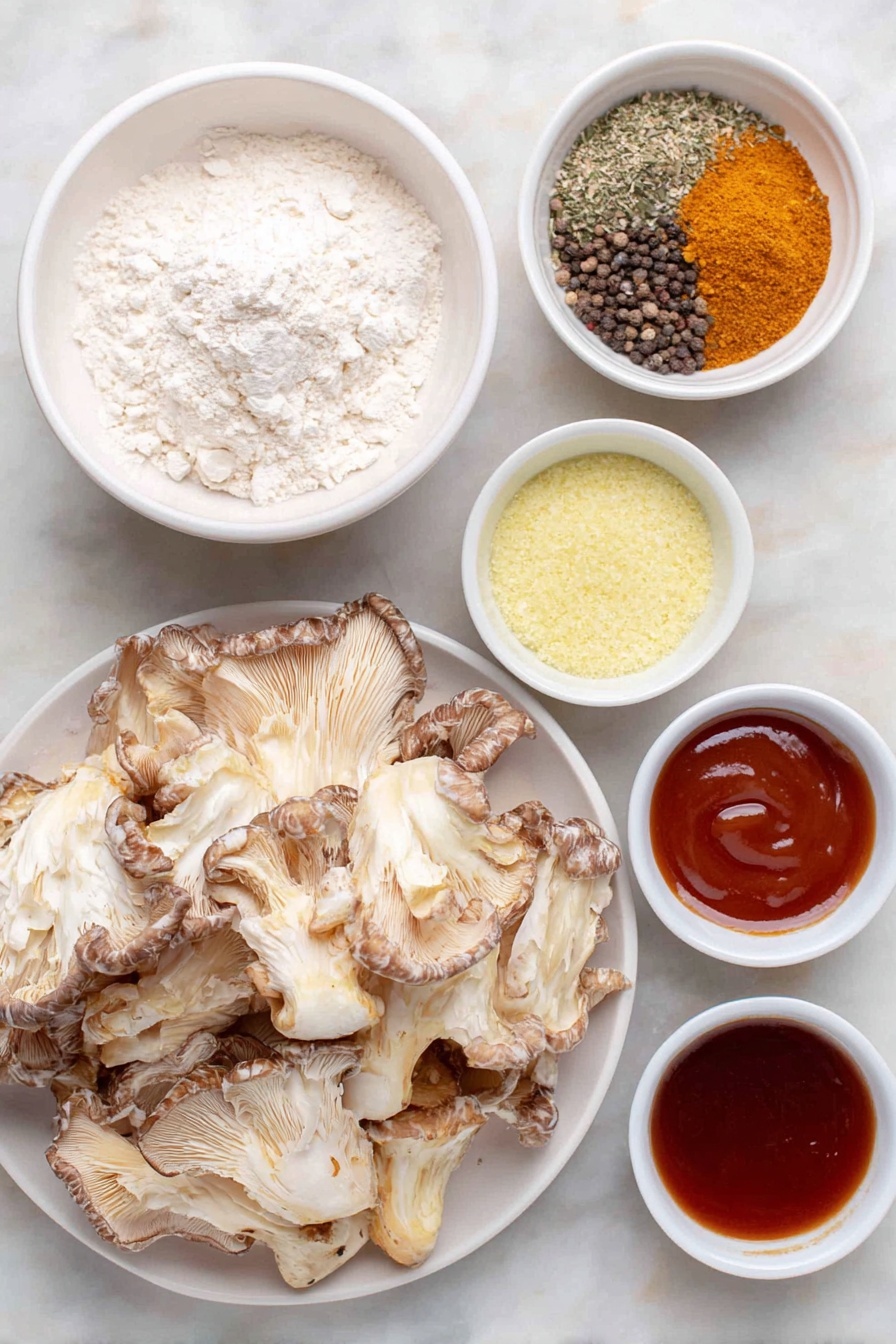 Flat lay of fresh oyster mushrooms with delicate gray and white caps, a small mound of plain white flour in a simple white ceramic bowl, a small white bowl containing vibrant orange paprika powder, another small bowl with pale yellow garlic powder, a similar bowl with off-white onion powder, a small dish of bright golden turmeric powder, a tiny white bowl holding deep red cayenne pepper, a small pile of coarse sea salt grains and cracked black peppercorns arranged neatly on a white ceramic plate, and two small white bowls filled with rich creamy BBQ sauce and vivid red Sriracha sauce placed side by side, all arranged symmetrically and naturally on a clean white marble surface, soft natural light, photo taken with an iPhone, professional food photography style, fresh ingredients, white ceramic bowls, no bottles, no duplicates, no utensils, no packaging --ar 2:3 --v 7 --p awthu7i m7354615311229779997