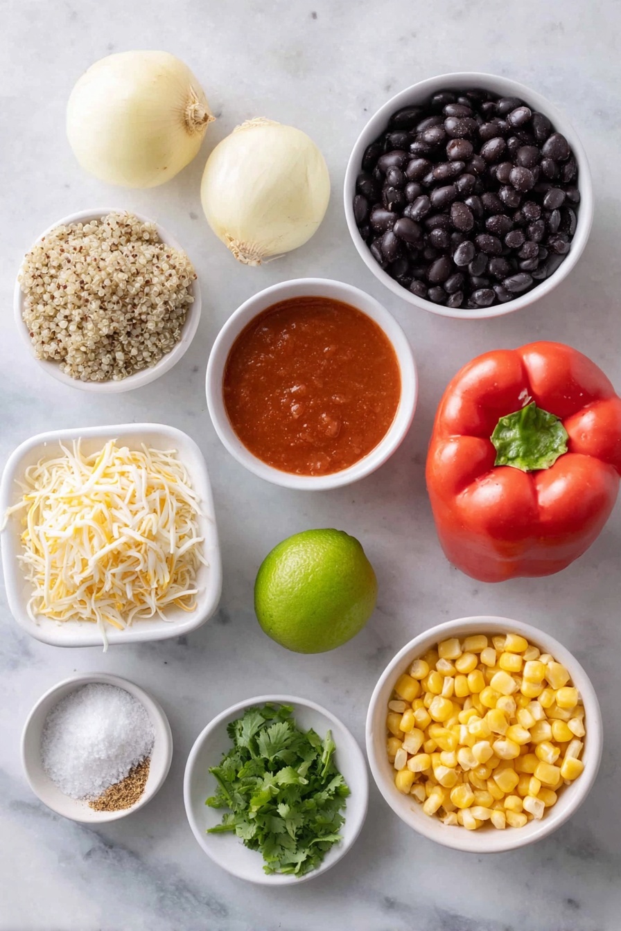 Flat lay of rinsed quinoa in a small mound, a small white bowl of clear water, a whole small yellow onion, two whole uncracked garlic bulbs, a whole red bell pepper with seeds removed and diced pieces beside it, a small white bowl filled with rinsed black beans, a small white bowl containing vibrant red enchilada sauce, a small white bowl of diced fresh tomatoes, a small white bowl with chopped green chiles, a small white bowl of bright yellow frozen corn kernels, a fresh whole lime cut in half showing juicy interior, a small white bowl with ground cumin powder, a small white bowl with chili powder, a small bunch of fresh cilantro sprigs, a white ceramic dish piled with shredded Mexican cheese, freshly ground black pepper and coarse salt crystals lightly scattered in small piles — all perfectly arranged with balanced spacing and symmetry, placed on a clean white marble surface, soft natural light, photo taken with an iPhone, professional food photography style, fresh ingredients, white ceramic bowls, no bottles, no duplicates, no utensils, no packaging --ar 2:3 --v 7 --p awthu7i m7354615311229779997