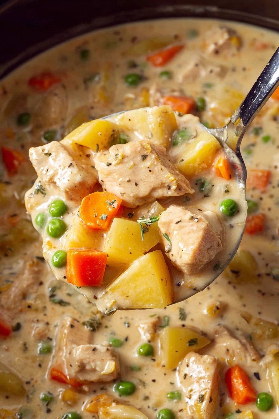 A close-up view of a dark crockpot filled with a creamy white soup that has chunks of light brown chicken pieces, bright orange carrot cubes, yellow potato pieces, small green peas, and translucent onion bits mixed in. The soup is thick and creamy with visible small green herb specks spread throughout. The crockpot sits on a white marbled surface. photo taken with an iphone --ar 2:3 --v 7
