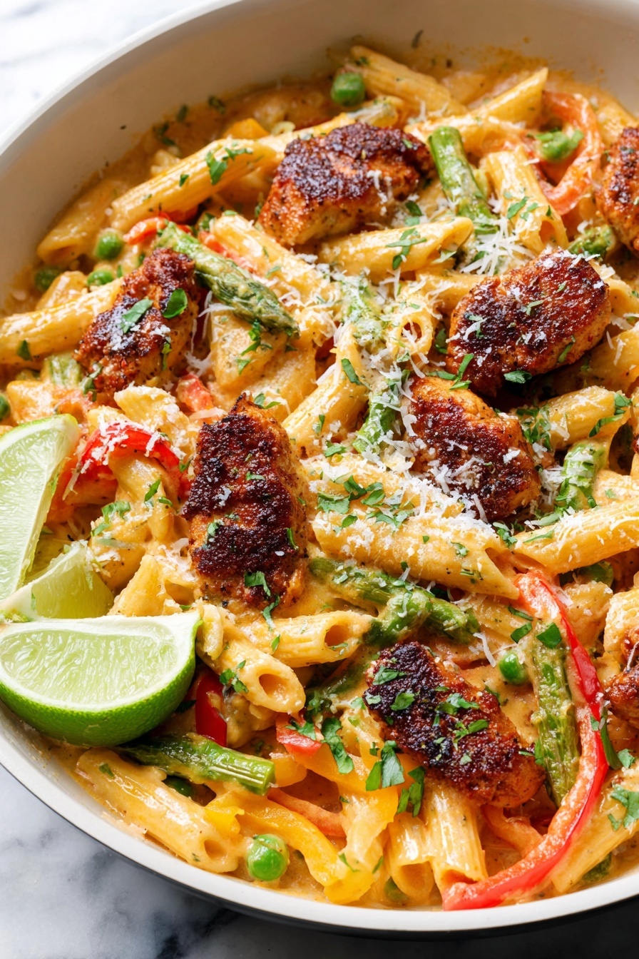 The dish is served in a white bowl filled with three main layers: the bottom layer is penne pasta coated in a creamy, light orange sauce; the middle layer contains bright green peas and green asparagus pieces scattered evenly; the top layer has golden-brown, crispy tofu cubes, red bell pepper strips, sprinkled with finely chopped green parsley and grated white cheese, and a quarter slice of lime sits on the right edge. A gold fork is placed inside the bowl on the top right side. The bowl sits on a white marbled surface with a beige cloth with red stripes partially visible in the bottom right corner. Photo taken with an iphone --ar 2:3 --v 7