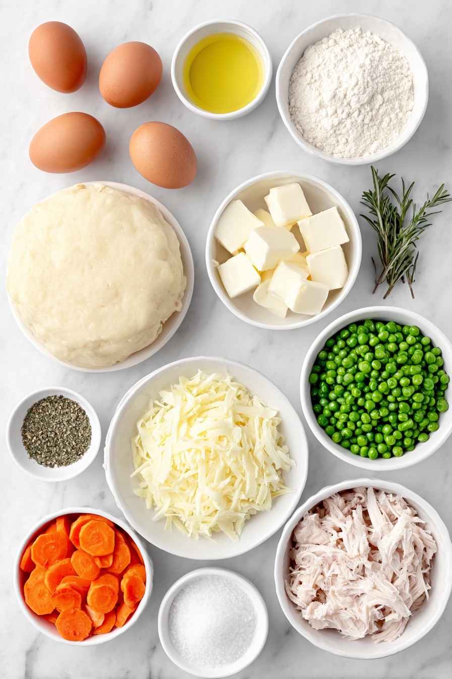 Flat lay of a whole uncracked large brown egg, a small white ceramic bowl of creamy milk, a small white ceramic bowl of olive oil, a small white ceramic bowl of unsalted butter cubes, a small white ceramic bowl of all-purpose flour, a small white ceramic bowl of low-sodium chicken broth, peeled and cubed Yukon gold potatoes, thinly sliced bright orange carrots, chopped pale yellow onion, sliced green celery stalks, peeled garlic cloves, shredded rotisserie chicken pieces, a small white ceramic bowl of frozen green peas, a few fresh sprigs of dried herbs resembling parsley, oregano, thyme, rosemary and sage arranged symmetrically alongside a simple white ceramic plate with a rolled out disc of pale pie dough, placed on a clean white marble surface, soft natural light, photo taken with an iPhone, professional food photography style, fresh ingredients, white ceramic bowls, no bottles, no duplicates, no utensils, no packaging --ar 2:3 --v 7 --p m7354615311229779997