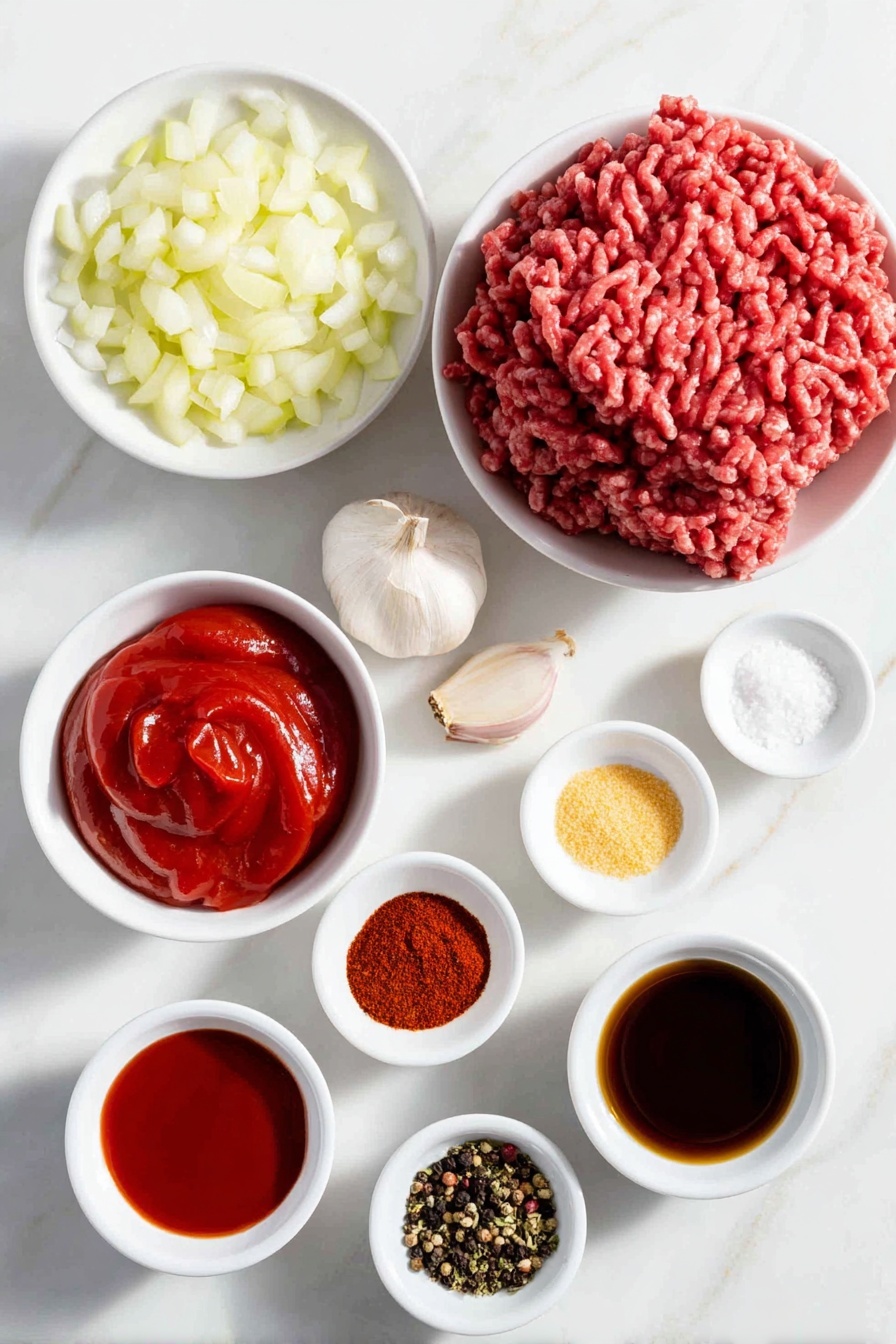 Flat lay of a small pool of golden olive oil in a white ceramic bowl, a white ceramic bowl filled with freshly chopped bright yellow onion, a white ceramic bowl with vibrant chopped red bell pepper, a neat mound of raw lean ground beef, two whole uncracked garlic cloves with clean white skins, a small white bowl containing deep red chili powder, another small white bowl holding rich smoky sweet paprika, a tiny white bowl with pale yellow ground mustard, coarse salt crystals and freshly cracked black peppercorns arranged separately, a white ceramic bowl with smooth bright red tomato sauce, a small white bowl with glossy deep red ketchup, a small white bowl with dark brown Worcestershire sauce, and a small white bowl of translucent natural hickory smoke flavor liquid, all placed with perfect symmetry on a clean white marble surface, soft natural light, photo taken with an iPhone, professional food photography style, fresh ingredients, white ceramic bowls, no bottles, no duplicates, no utensils, no packaging --ar 2:3 --v 7 --p m7354615311229779997