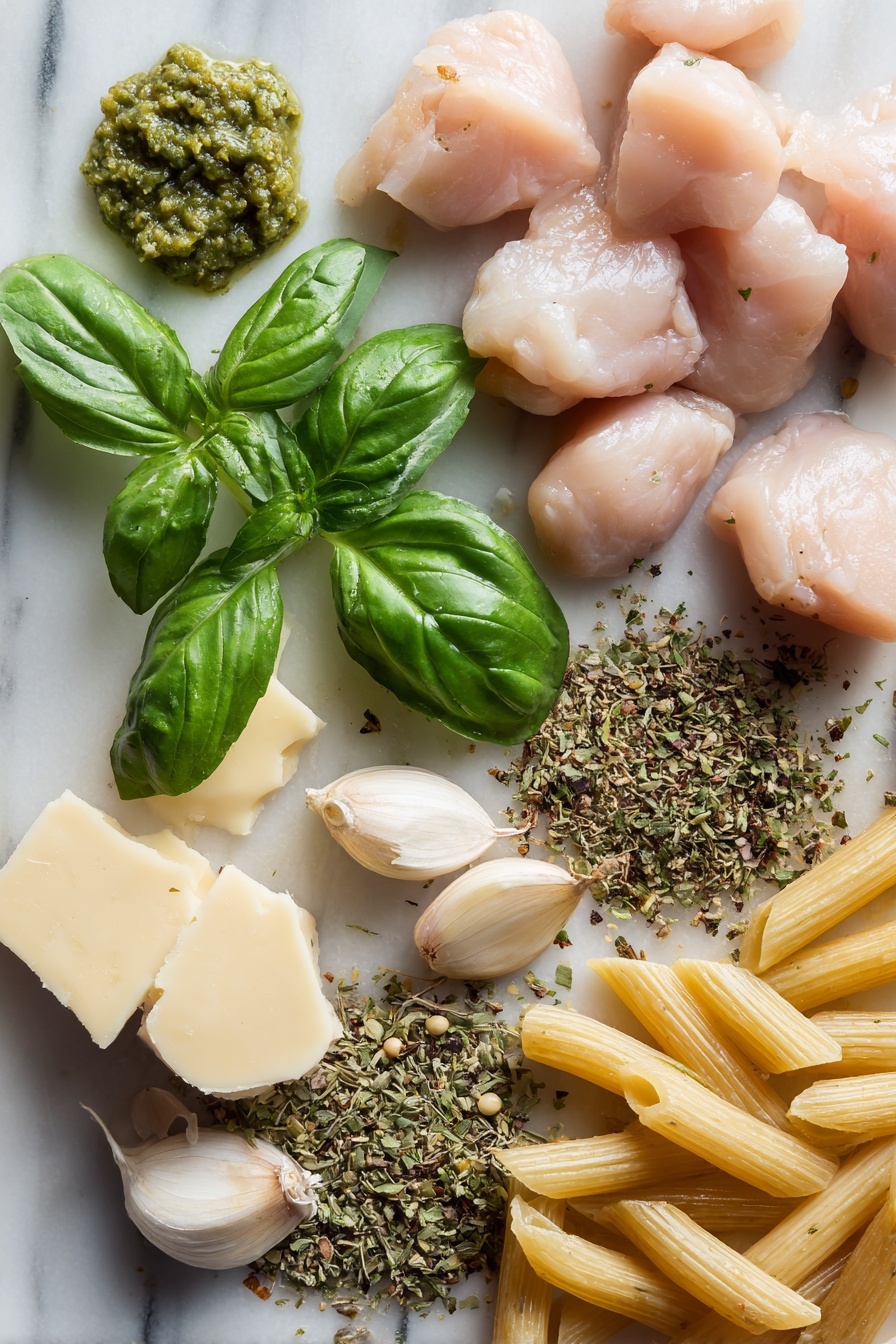 Creamy Pesto Chicken - Flat lay of fresh basil leaves with deep green color and delicate texture, bite-sized raw chicken breast pieces showing soft pink flesh, plump garlic cloves with smooth white skin, golden yellow butter cubes with creamy texture, a wedge of Parmesan cheese boasting a pale ivory hue and granular surface, bright green basil pesto with a slightly oily sheen, uncooked penne pasta in pale beige with smooth ridges, and a scattering of dried Italian seasoning herbs in mixed green and brown tones, all beautifully arranged in a natural flow with overlapping edges and small gaps between each ingredient, placed on white marbled surface, photo taken with an iphone --ar 2:3 --v 7