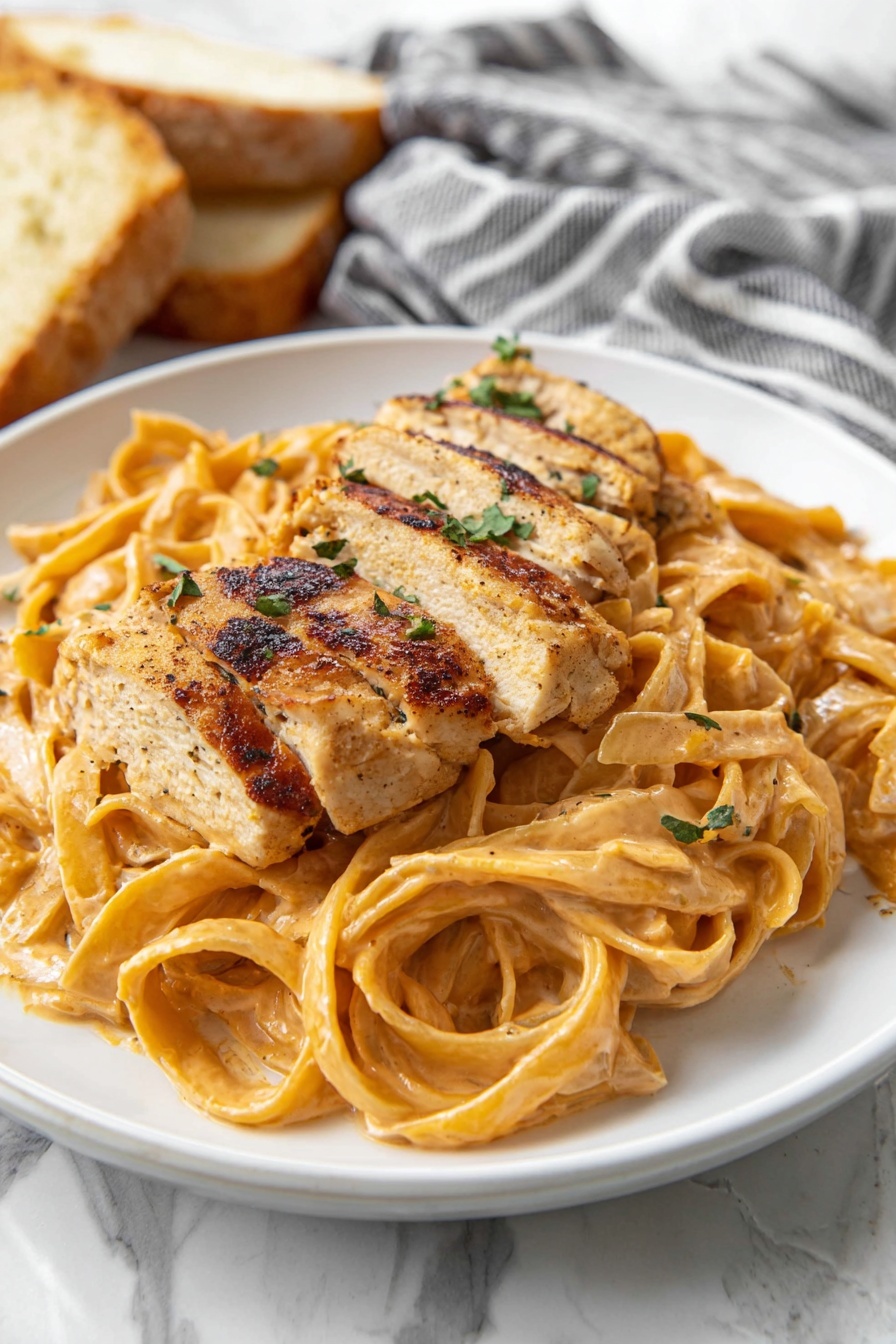 Cajun Chicken Pasta - A white pan holds a dish with three main layers. The bottom layer is a creamy, light beige sauce covering the whole pan. Above the sauce, there is a nest of flat fettuccine pasta in a light golden color, tangled together. On the top layer, there are several pieces of grilled chicken with a golden-brown, slightly charred surface, arranged evenly around the pan. Small bits of green herbs sprinkle the chicken and pasta, adding a touch of color. The pan rests on a white marbled surface with a blue and white striped cloth beside it. Photo taken with an iphone --ar 2:3 --v 7