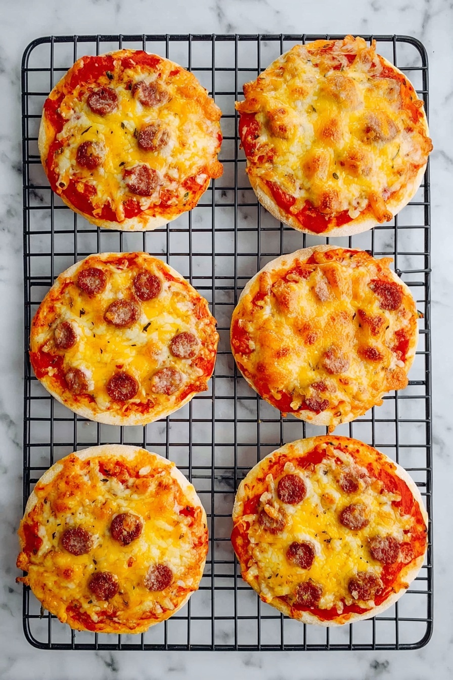 Six small pizzas are placed in two vertical columns on a black wire cooling rack over a white marbled surface. Each pizza has two to three layers: a thin round base in light beige, a spread of bright red tomato sauce just inside the edges, and a top layer of melted cheese in golden yellow with some browned spots. Four of the pizzas have scattered small round brown sausage slices on the cheese, while two pizzas are just cheese without toppings. The cheese looks bubbly and slightly browned, giving a warm and fresh baked appearance. photo taken with an iphone --ar 2:3 --v 7