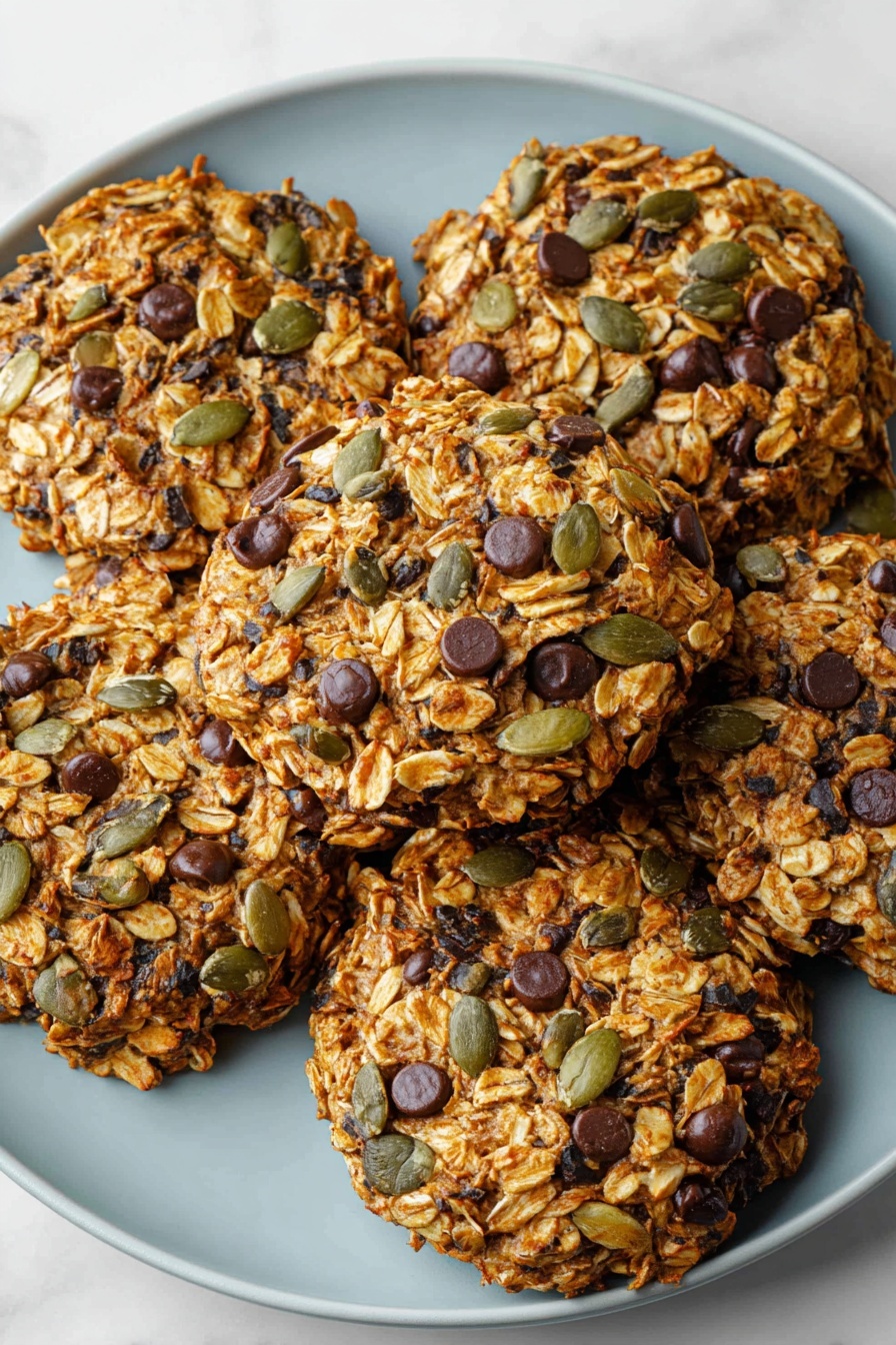 A close-up view of five round oat cookies packed with seeds and chocolate chips, each cookie showing a rough texture with shiny oat flakes in light brown and golden tones mixed with dark brown chocolate chips and green pumpkin seeds scattered throughout. The cookies are arranged closely on a white plate with a smooth, glossy finish, placed on a white marbled surface. The lighting highlights the crisp edges and the varied textures of the oats and seeds, giving a fresh and appetizing look photo taken with an iphone --ar 2:3 --v 7