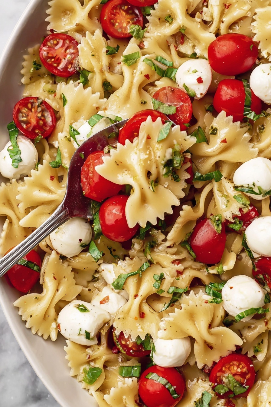 The image shows a close-up of a pasta salad featuring bowtie-shaped pasta as the main layer, cooked to a light yellow color with a slightly shiny texture. Mixed in throughout are bright red cherry tomatoes, some halved to show their seeds, adding vibrant color. Small white balls of mozzarella cheese are scattered evenly, creating a soft, smooth texture contrast. Finely chopped green basil leaves are sprinkled on top, adding fresh green touches across the dish. The pasta and ingredients are inside a white bowl with a subtle shine, resting on a white marbled surface. A silver spoon sits in the bowl, lifting some pasta, tomatoes, and mozzarella, highlighting the colors and textures. Photo taken with an iphone --ar 2:3 --v 7