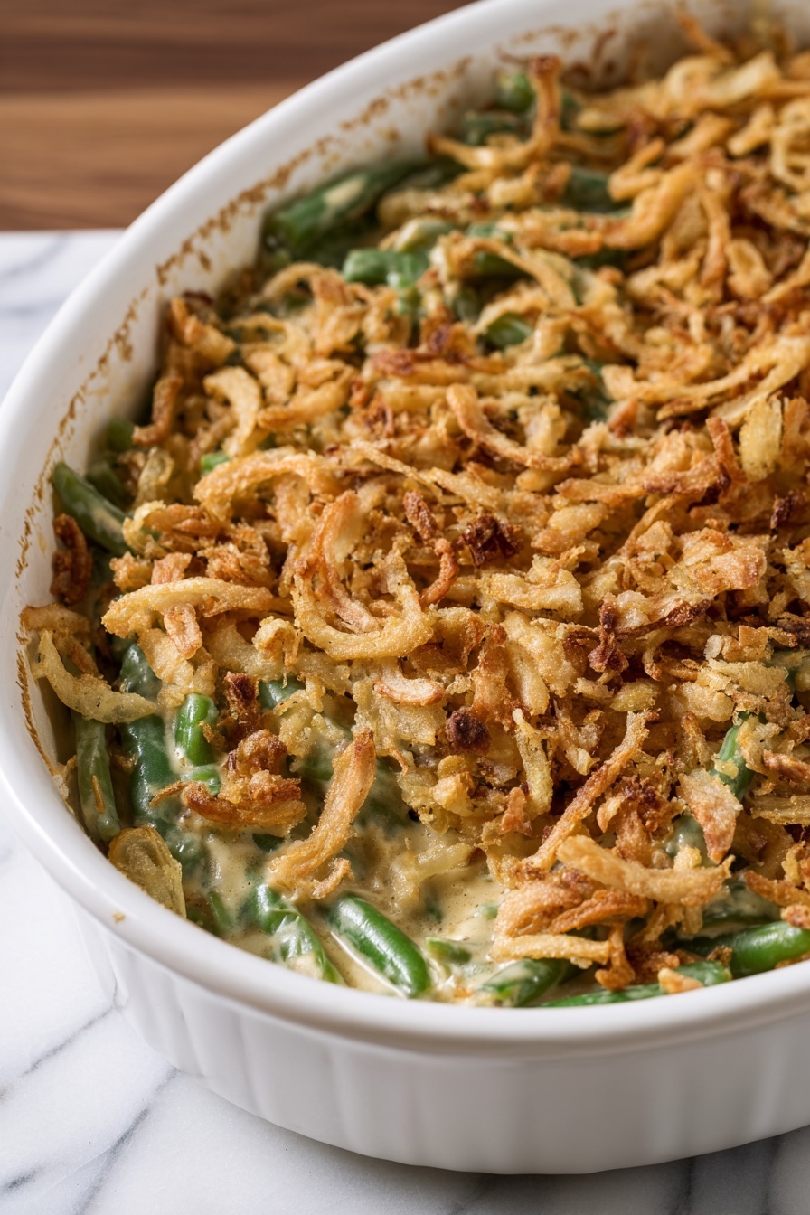 A white oval baking dish filled with a green bean casserole is shown. The bottom layer is made of cooked green beans in a creamy beige sauce, partially visible beneath the crispy fried onion topping. The top layer is an uneven spread of golden-brown fried onions with some darker and lighter spots, adding texture and crunch. The casserole is placed on a white marbled surface, and the edge of the dish shows slight browning from baking. photo taken with an iphone --ar 2:3 --v 7