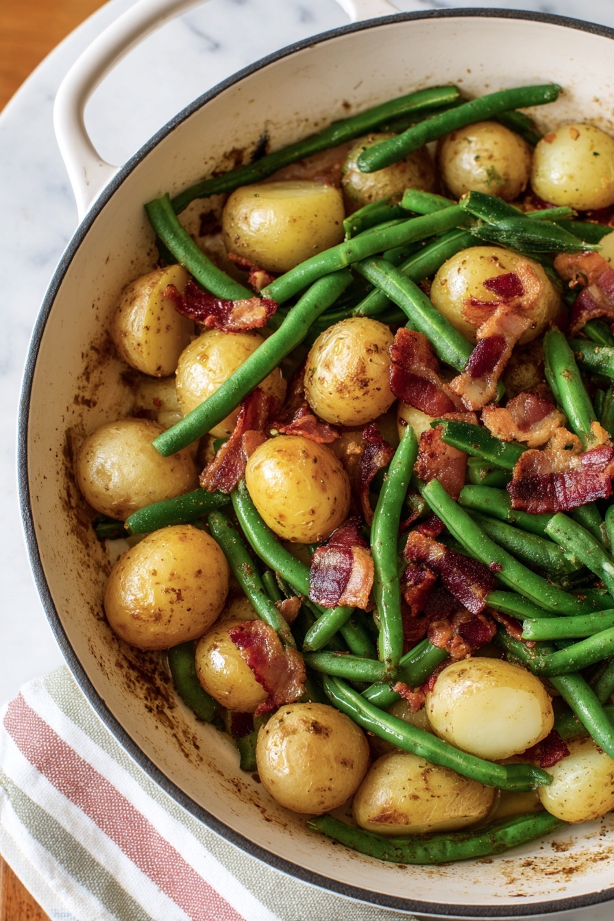 The image shows a white pan filled with a cooked dish consisting of three main layers: the bottom layer is made up of small golden brown potatoes that have a slightly rough texture and are whole or halved; the middle layer includes long, bright green beans that are soft but still firm, arranged mostly on top of the potatoes; the top layer features scattered pieces of crispy, browned bacon strips adding a rich reddish-brown color and crunchy texture. The pan has white handles and rests on a white marbled surface with a corner of a striped cloth in pale colors visible nearby. photo taken with an iphone --ar 2:3 --v 7