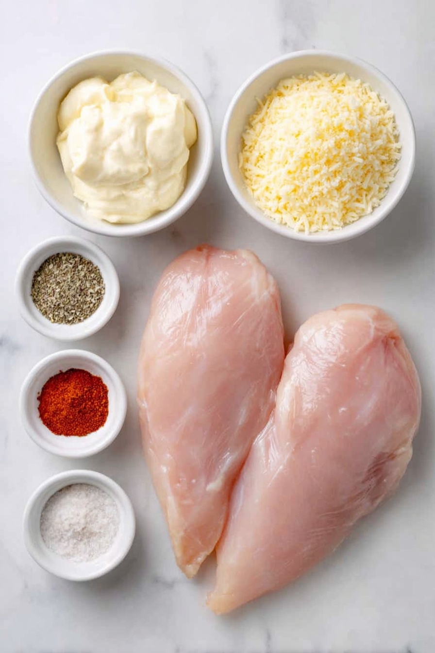 Flat lay of two raw boneless skinless chicken breasts, a small white ceramic bowl filled with creamy mayonnaise, a small white ceramic bowl of freshly grated parmesan cheese, a small white ceramic bowl holding golden Panko breadcrumbs, a small white ceramic bowl with a reddish-orange paprika powder, a small white ceramic bowl containing finely ground black pepper, a small white ceramic bowl with Italian seasoning herbs, a small white ceramic bowl of fine sea salt, and a small white ceramic bowl with pale garlic powder, all arranged in perfect symmetry, placed on a clean white marble surface, soft natural light, photo taken with an iPhone, professional food photography style, fresh ingredients, white ceramic bowls, no bottles, no duplicates, no utensils, no packaging --ar 2:3 --v 7 --p awthu7i m7354615311229779997