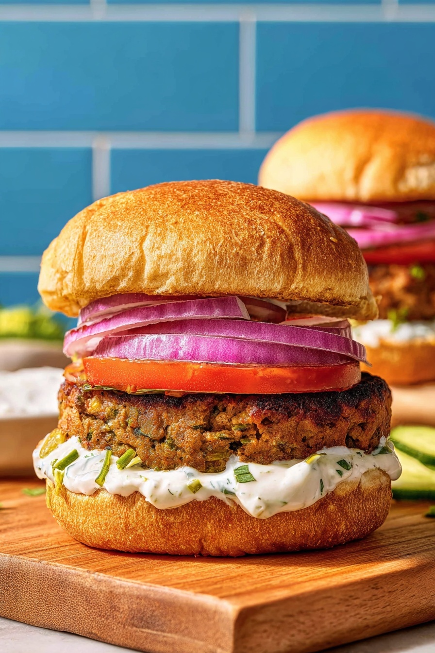 A sandwich with four visible layers sits on a wooden board against a blue tile background. The base layer is a golden-brown crusty sandwich bun spread with green chopped olives. On top of this is a thick, textured, brown grilled patty. Above the patty is a creamy white sauce with flecks of herbs. Next is a slice of red tomato followed by several bright purple rings of red onion. The top layer shows thinly sliced green cucumbers under a crunchy golden-brown sandwich bun top. A second similar sandwich is blurred in the background. Photo taken with an iphone --ar 2:3 --v 7