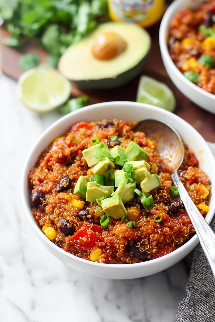 The dish is served in a white bowl filled with a colorful mix of cooked quinoa, black beans, corn, and small red pieces, likely tomato or bell pepper. On top, there are small cubes of bright green avocado and chopped green onions, adding fresh color and texture. The bowl sits on a white marbled surface with a silver spoon inside, and in the background, there is a halved avocado and some green leafy herbs, enhancing the fresh and healthy feel of the dish. photo taken with an iphone --ar 2:3 --v 7