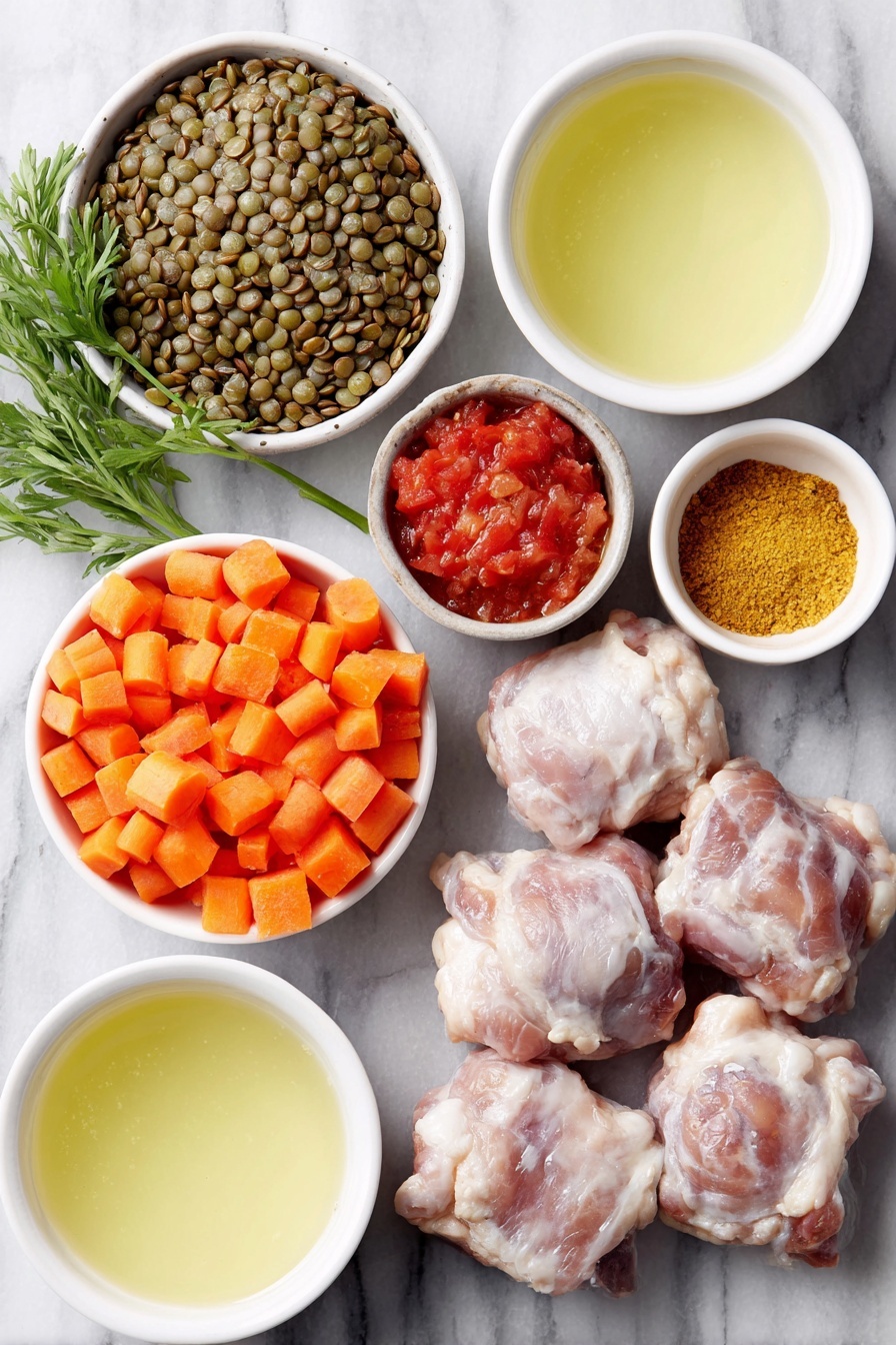 Flat lay of green lentils spilling gently beside six raw boneless skinless chicken thighs with trimmed fat, diced fresh orange carrots, a small white bowl of vibrant red diced tomatoes, a small white bowl of golden turmeric powder, a small white bowl of light brown cumin powder, a small white bowl of reddish-brown Adobo seasoning, a small white bowl of coarse kosher salt and cracked black pepper, and two simple white ceramic bowls filled with clear golden chicken broth, all arranged in perfect symmetry and balanced proportions, placed on a clean white marble surface, soft natural light, photo taken with an iPhone, professional food photography style, fresh ingredients, white ceramic bowls, no bottles, no duplicates, no utensils, no packaging --ar 2:3 --v 7 --p awthu7i m7354615311229779997
