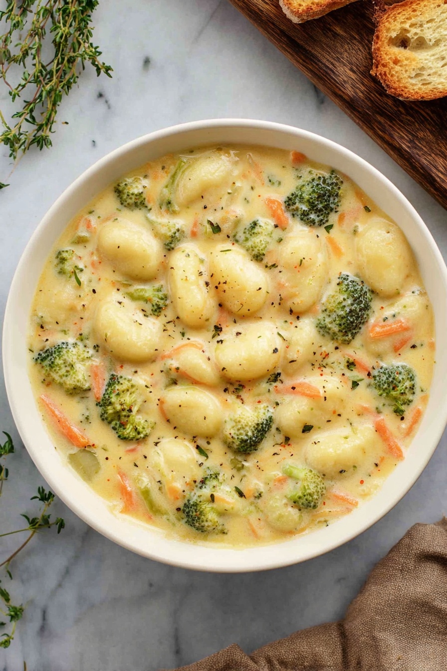 A white bowl filled with a creamy soup showing soft, plump gnocchi pieces spread throughout a thick, light yellow broth. Small green broccoli florets and thin orange carrot strips are evenly mixed in, adding color and texture. The creamy base looks smooth with little specks of herbs scattered around. The bowl rests on a white marbled surface, with some small green herb sprigs placed next to it and slices of toasted bread on a wooden board in the corner. Photo taken with an iphone --ar 2:3 --v 7