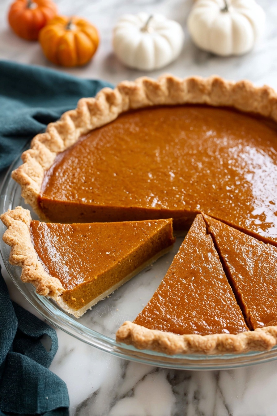 A pumpkin pie with a golden brown, crimped crust sits in a clear glass pie dish on a white marbled surface. The pie is sliced into five pieces, with one piece slightly pulled out showing a smooth, rich, orange filling that is shiny and dense. The filling has a slightly textured surface with visible spice specks. In the background, there are small decorative pumpkins in white and orange, and a folded dark teal cloth. Photo taken with an iphone --ar 2:3 --v 7