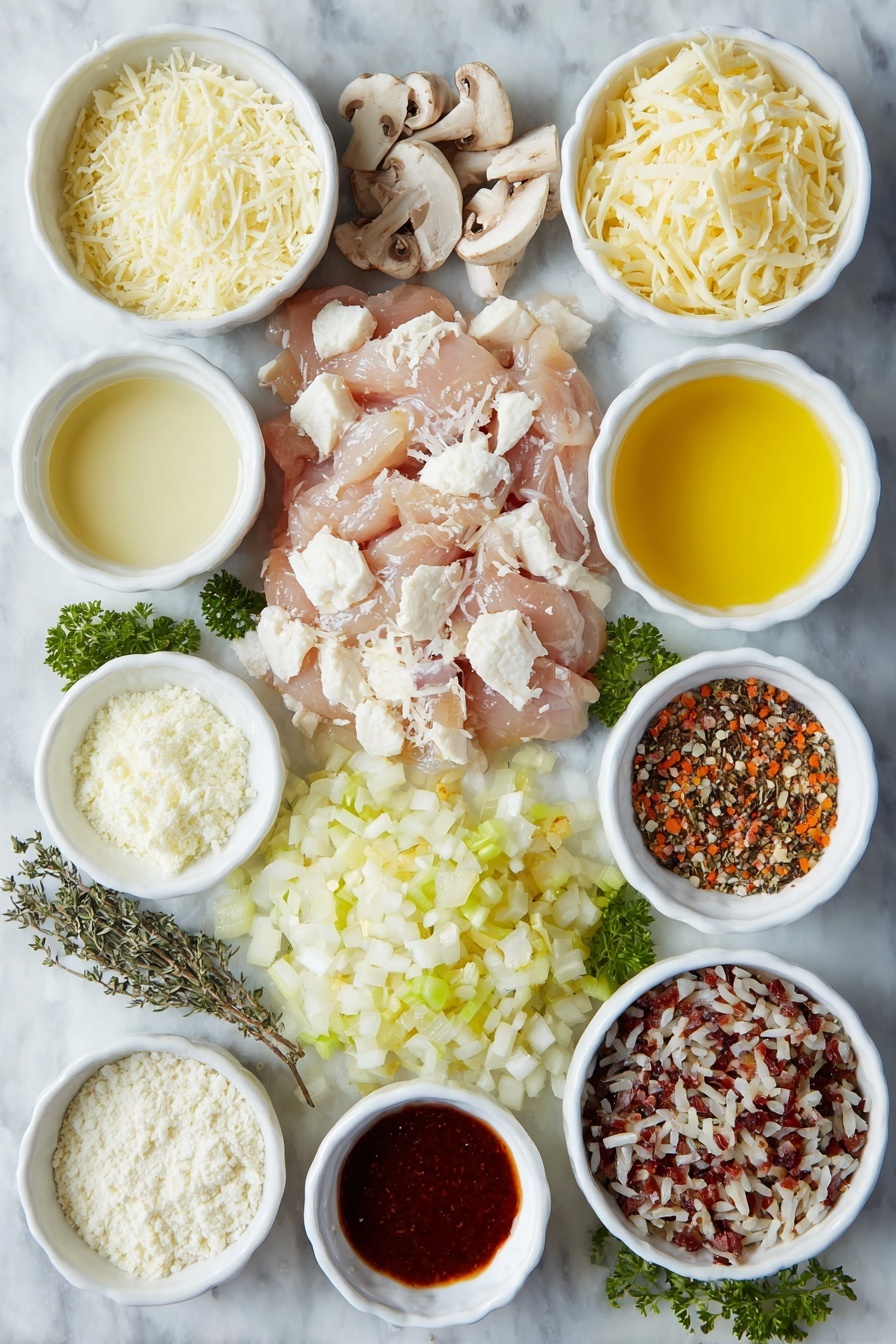 Flat lay of a raw chicken breast cut into large bite-size pieces, a small mound of cooked wild rice blend, a chopped yellow onion, three chopped celery stalks, three chopped carrots, six minced garlic cloves, sliced baby Bella mushrooms, a few sprigs of fresh parsley, dried basil and thyme herbs scattered lightly, a small white bowl of olive oil, a small white bowl of unsalted butter, a small white bowl with milk, a small white bowl with low sodium chicken broth, a small white bowl of cornstarch powder, a small white bowl of Dijon mustard, a small white bowl of Worcestershire sauce, a small white bowl of chicken bouillon granules, a small white bowl of freshly grated sharp cheddar cheese, a small white bowl of freshly grated Parmesan cheese, a small white bowl of panko breadcrumbs, all arranged symmetrically on a clean white marble surface, soft natural light, photo taken with an iPhone, professional food photography style, fresh ingredients, white ceramic bowls, no bottles, no duplicates, no utensils, no packaging --ar 2:3 --v 7 --p m7354615311229779997