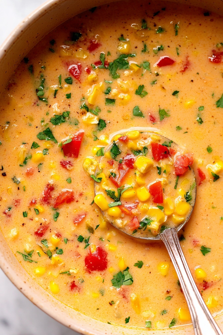 The image shows a thick, creamy soup with a light orange color base filling the frame, mixed with small bright yellow corn pieces and scattered red chunks of tomatoes, topped with finely chopped green cilantro leaves. A silver ladle is partially submerged on the right side, holding some of the soup with visible corn, tomato pieces, and cilantro. The background is a white marbled texture. photo taken with an iphone --ar 2:3 --v 7