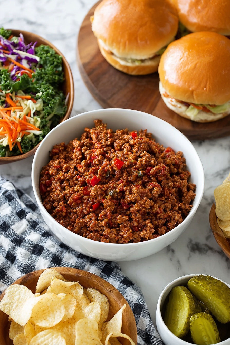 The image shows a white bowl filled with cooked ground meat mixed with small pieces of red bell pepper, giving it a chunky, reddish-brown texture. Next to it, there are shiny, golden-brown sandwich buns on a wooden board and one bun placed on a gray and white checkered cloth. Below, there is a white bowl of light golden potato chips with rough, crispy texture. A wooden bowl contains colorful salad made of green kale, white cabbage, purple cabbage, and orange carrot strips, giving it a fresh look. On the right side, a small white bowl holds several green pickle slices with ridged edges. All items are placed on a white marbled surface. Photo taken with an iphone --ar 2:3 --v 7