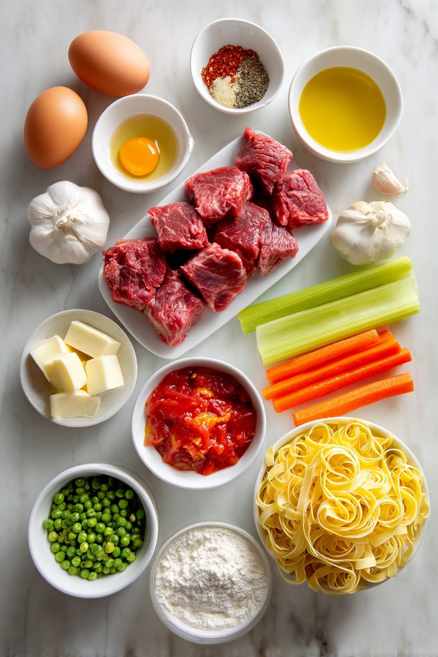 Flat lay of fresh top sirloin steak chunks, two whole brown eggs with clean shells, a small pile of fresh chopped yellow onion, a handful of bright orange carrot slices, two ribs of crisp celery stalks, several peeled garlic cloves, a small white ceramic bowl with golden olive oil, a small white ceramic bowl of unsalted butter cubes, a small white ceramic bowl of all-purpose flour, a small white ceramic bowl of bright red fire roasted diced tomatoes with juices, a small white ceramic bowl of frozen petite peas, a small white ceramic bowl of creamy half and half, a small white ceramic bowl of light golden vegetable oil, a small white ceramic bowl of dried parsley flakes, a small white ceramic bowl of red pepper flakes, a neat mound of fresh uncooked curly egg noodles, all arranged with perfect symmetry and natural proportions on a clean white marble surface, soft natural light, photo taken with an iPhone, professional food photography style, fresh ingredients, white ceramic bowls, no bottles, no duplicates, no utensils, no packaging --ar 2:3 --v 7 --p m7354615311229779997