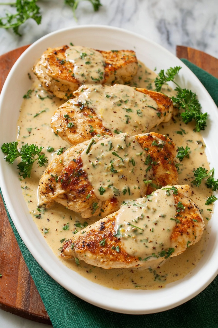 The image shows a white oval plate with five pieces of golden-brown cooked chicken layered close together, each piece covered unevenly with a creamy beige sauce sprinkled with small green herb bits and black pepper. The chicken has a slightly rough texture with visible grill marks and a crispy edge. Around the chicken pieces, some green parsley leaves are used as garnish, adding a fresh contrast. The plate is set on a green cloth on a wooden board, with a white marbled surface in the background. photo taken with an iphone --ar 2:3 --v 7