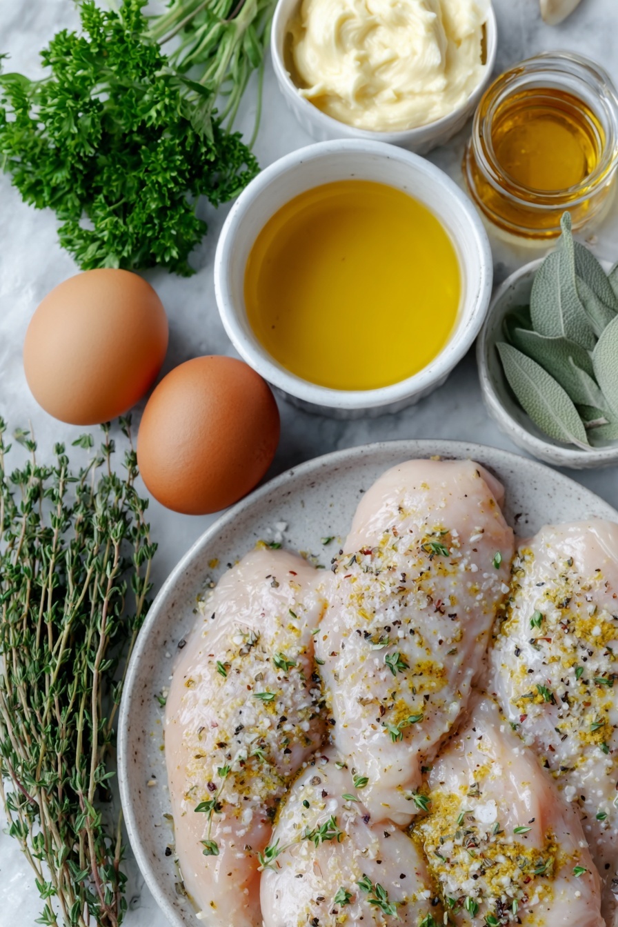 Flat lay of four raw boneless skinless chicken breasts seasoned with salt and pepper, two whole brown eggs with clean shells, a small pile of fresh green thyme sprigs, a small bunch of fresh parsley leaves, a small cluster of garlic cloves, a few dried sage leaves, a drizzle of golden honey in a small white ceramic bowl, smooth creamy heavy cream in a small white bowl, yellowish pale Dijon mustard in a small white bowl, clear light brown chicken broth in a small white bowl, and a small amount of olive oil in a small white bowl, all arranged in perfect symmetry on a simple white ceramic plate and bowls, placed on a clean white marble surface, soft natural light, photo taken with an iPhone, professional food photography style, fresh ingredients, white ceramic bowls, no bottles, no duplicates, no utensils, no packaging --ar 2:3 --v 7 --p m7354615311229779997