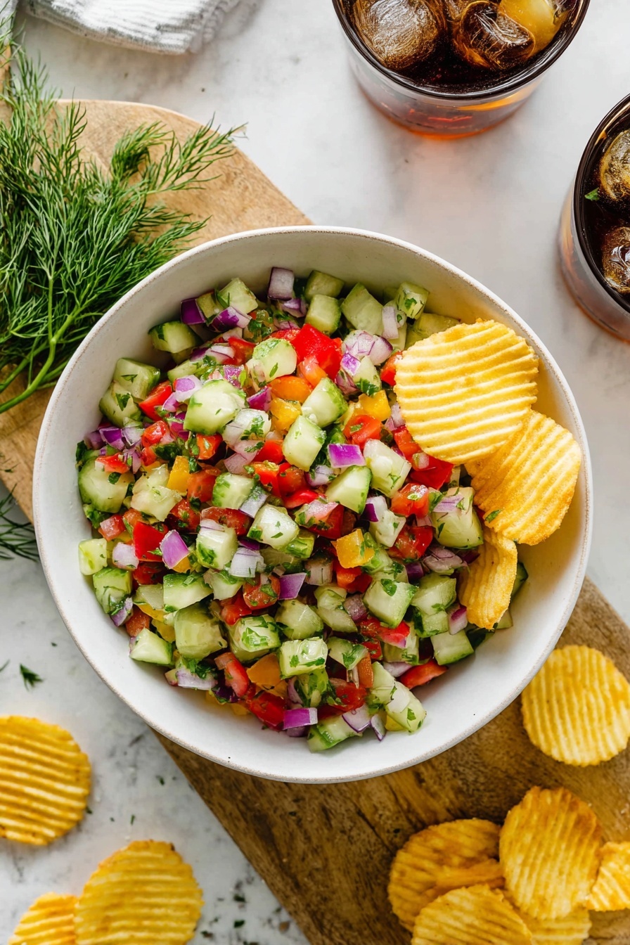 A white bowl filled with a colorful salad made of small diced cucumber, red bell pepper, red onion, and pickles, mixed with tiny green herb pieces, sitting on a wooden board. Two ridged yellow potato chips are placed on the right side inside the bowl, and more potato chips are scattered around on the white marbled surface. Two glasses with ice and dark soda are partially visible in the background, one at the top right and another at the bottom left. A sprig of fresh dill is placed inside the bowl on the left side. Photo taken with an iphone --ar 2:3 --v 7