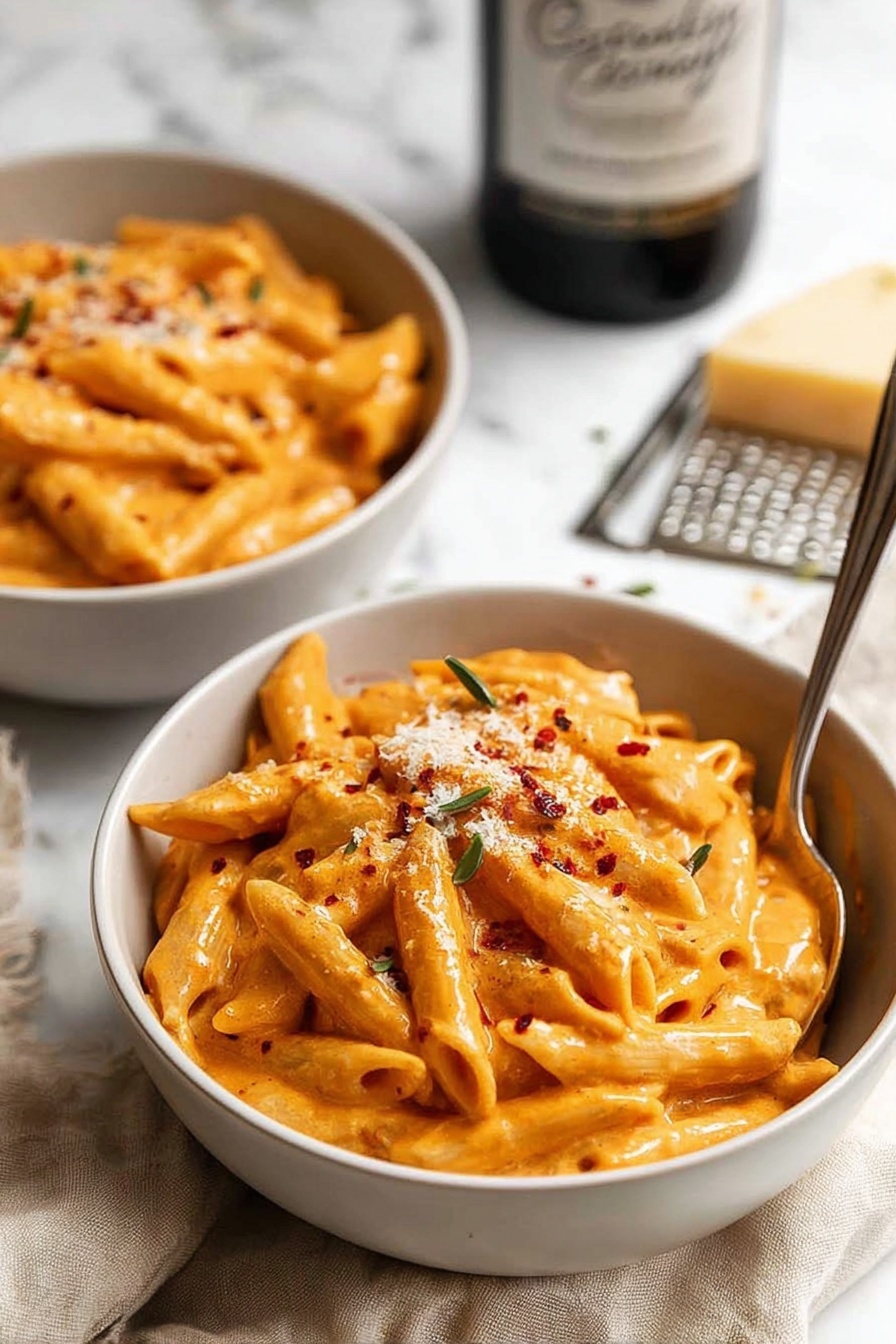 Two white bowls filled with creamy orange penne pasta, each penne coated thickly in smooth sauce. The pasta in the front bowl is topped with a sprinkle of grated cheese, red pepper flakes, and small green herb pieces, with a spoon resting inside the bowl. The bowls sit on a soft beige cloth on a white marbled surface. In the background, there is a blurred bottle with writing and part of a cheese block with a grater. Photo taken with an iphone --ar 2:3 --v 7