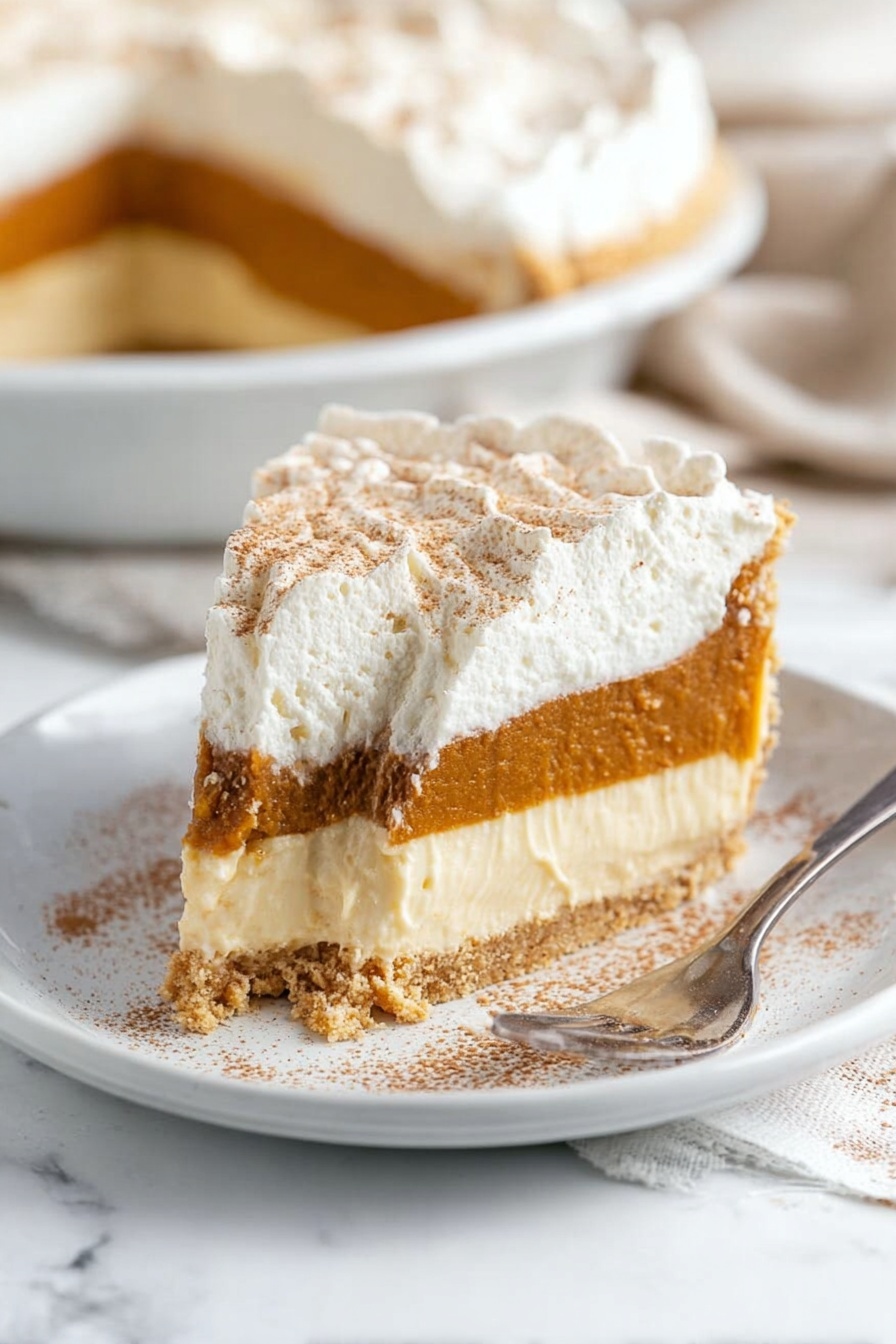 The image shows a slice of pie with three layers on a white marbled surface; the bottom layer is a light beige crust, the middle layer is a smooth, rich brown filling, and the top layer is thick, fluffy white cream sprinkled with a light dusting of brown spice. A metal fork holds a bite-sized piece of the pie above the slice, revealing the creamy texture of the top white layer and the brown filling underneath, with part of the beige crust visible. The background is blurred, showing a softly lit, neutral space. photo taken with an iphone --ar 2:3 --v 7